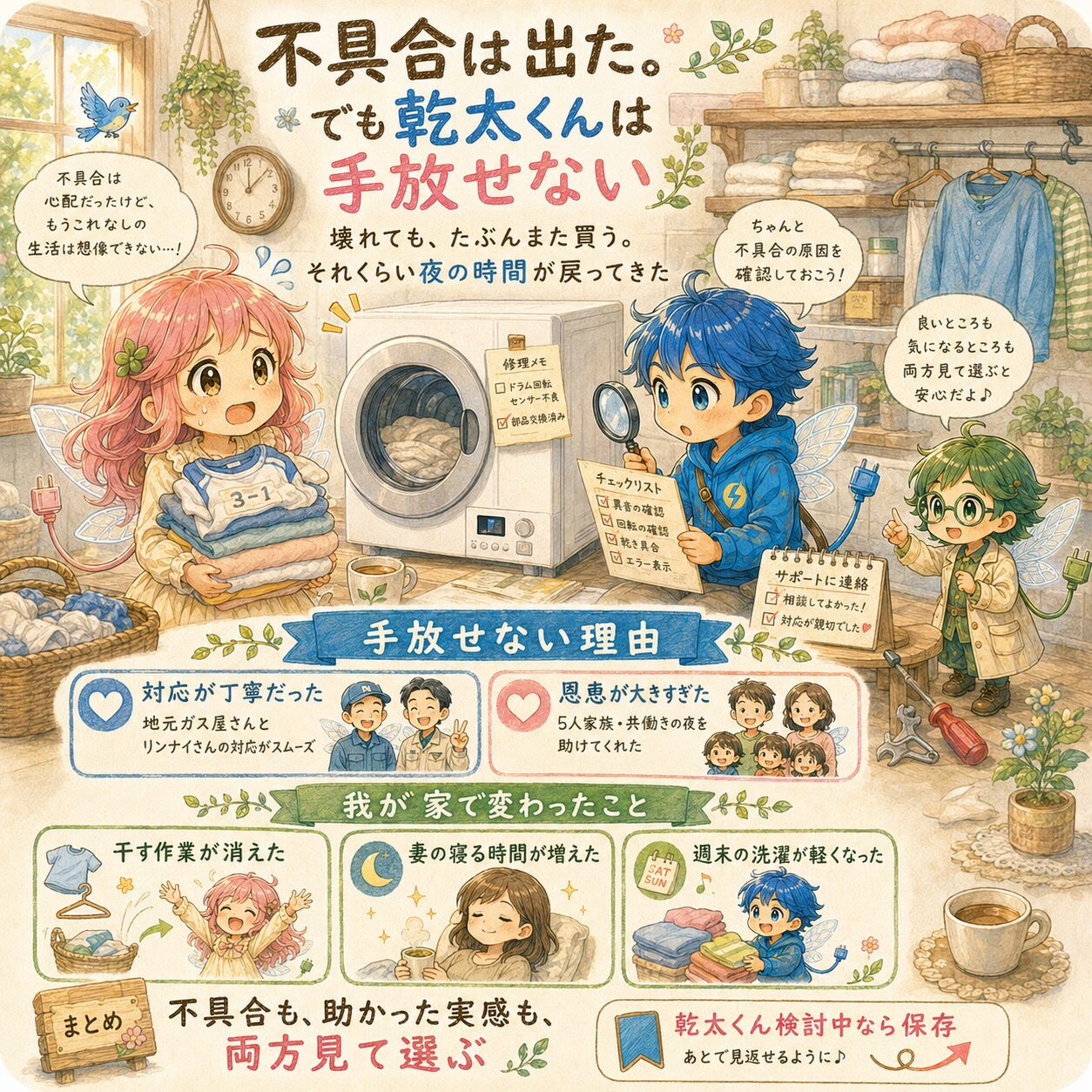 乾太くんに不具合が出たものの、修理対応後も手放せない理由をまとめた絵本風のインフォグラフィック。明るいランドリールームで、エレピットちゃん、エレピットくん、エレアプが乾太くんのドラム内側や修理メモを確認しながら、対応の丁寧さ、乾く速さ、夜の時間が戻る安心感を伝えている。不具合と助かった実感の両方を見て選ぶこと、干す作業が減ること、妻の寝る時間や週末の洗濯がラクになることを、やさしい水彩タッチで見やすく表現している。
