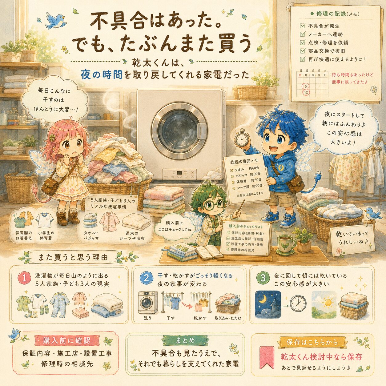 乾太くんに不具合はあったものの、それでもまた買いたい理由をまとめた絵本風のインフォグラフィック。明るいランドリールームで、エレピットちゃん、エレピットくん、エレアプが乾太くん、洗濯物、乾燥時間メモ、購入前チェックリストを見ながら、5人家族の毎日の洗濯量や、干す作業が軽くなる安心感を伝えている。夜に乾燥を始めて朝にはふんわり乾いていること、家事の負担が減ること、不具合や修理対応も含めて暮らしを支えてくれた家電だったことを、やさしい水彩タッチで見やすく表現している。
