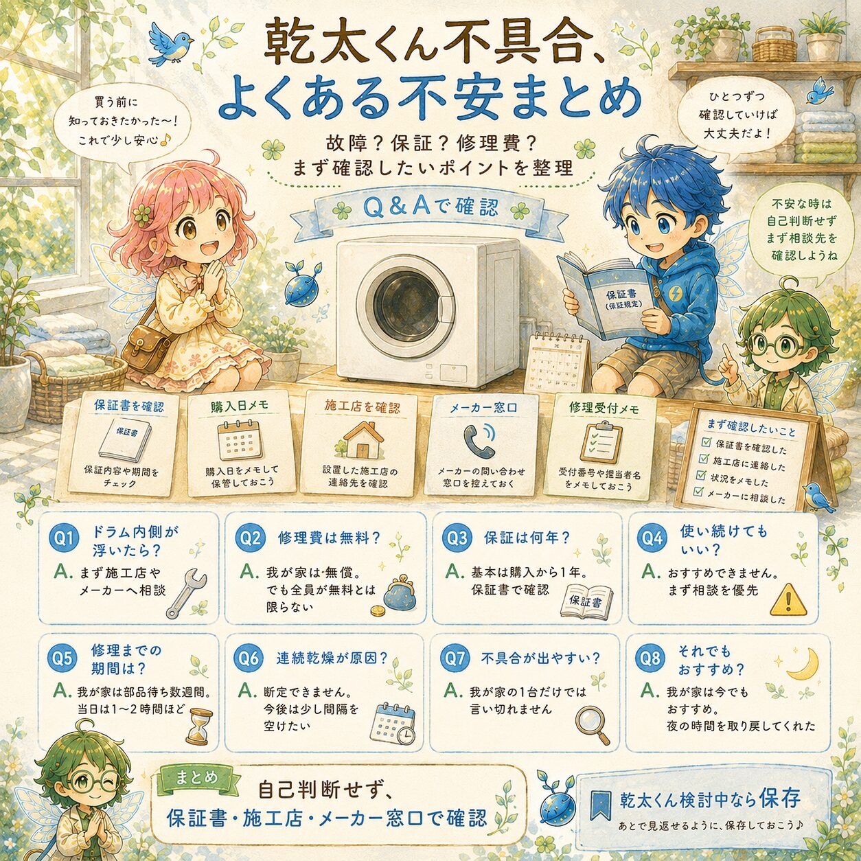 乾太くんの不具合について、よくある不安や確認ポイントをQ&A形式でまとめた絵本風のインフォグラフィック。明るいランドリールームで、エレピットちゃん、エレピットくん、エレアプが乾太くん、保証書、購入日メモ、施工店やメーカー窓口の連絡先を確認しながら、故障、保証、修理費、使い続けてよいかをやさしく整理している。ドラム内側の浮き、修理費が無料かどうか、保証期間、修理までの期間、連続乾燥との関係など、乾太くん使用中に不安になりやすい点を、自己判断せず施工店やメーカーに確認する大切さとともに、水彩タッチで見やすく伝えている。
