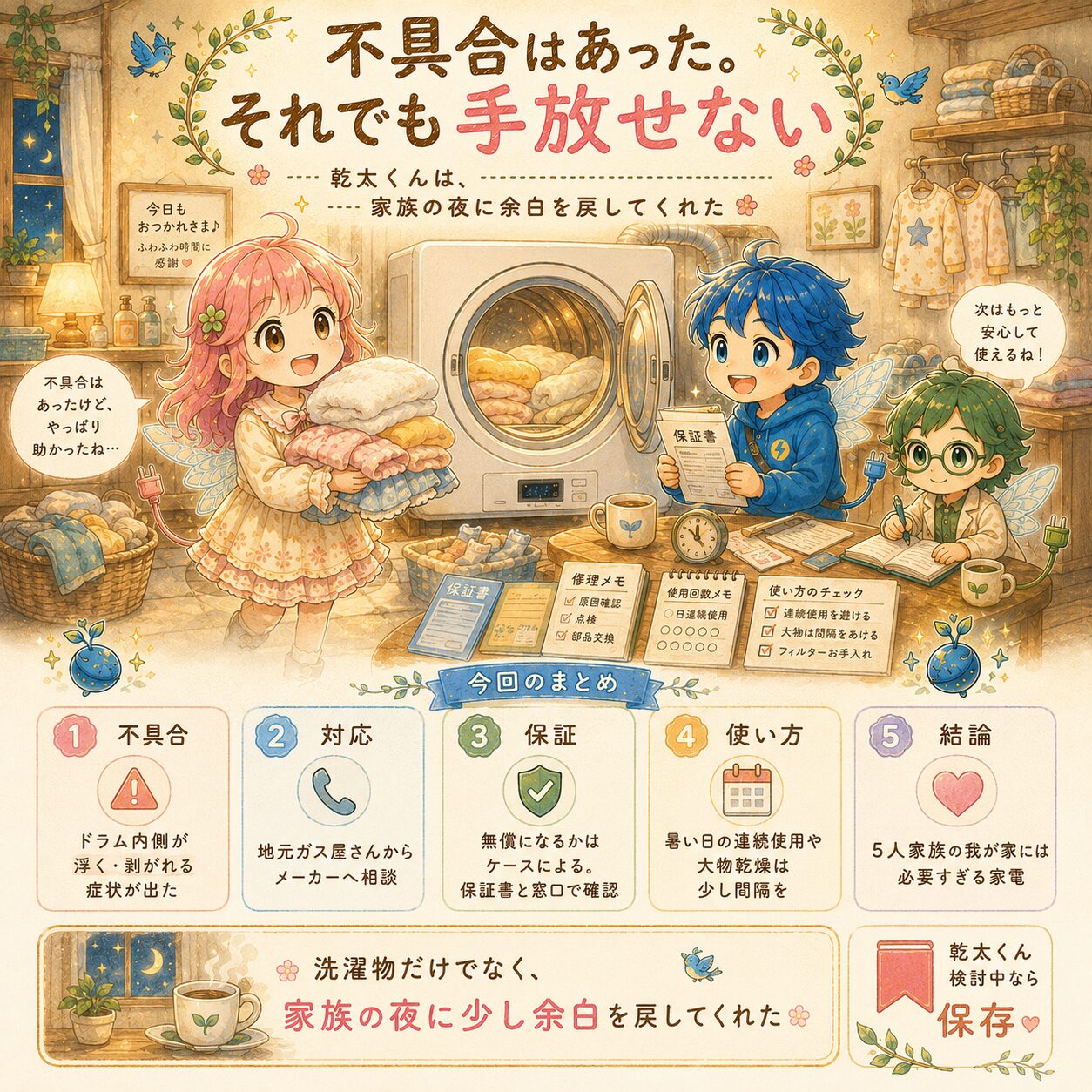 乾太くんに不具合はあったものの、それでも手放せない理由をまとめた絵本風のインフォグラフィック。夜のランドリールームで、エレピットちゃん、エレピットくん、エレアプが乾太くん、保証書、修理メモ、使用回数メモを確認しながら、不具合の発生、地元ガス屋さんからメーカーへの相談、保証確認、今後の使い方を整理している。ドラム内側の浮きや剥がれ、無償修理になるかはケースによること、暑い日の連続使用や大物乾燥は少し間隔を空けたいこと、5人家族の暮らしには必要すぎる家電だったことを、やさしい水彩タッチで見やすく伝えている。
