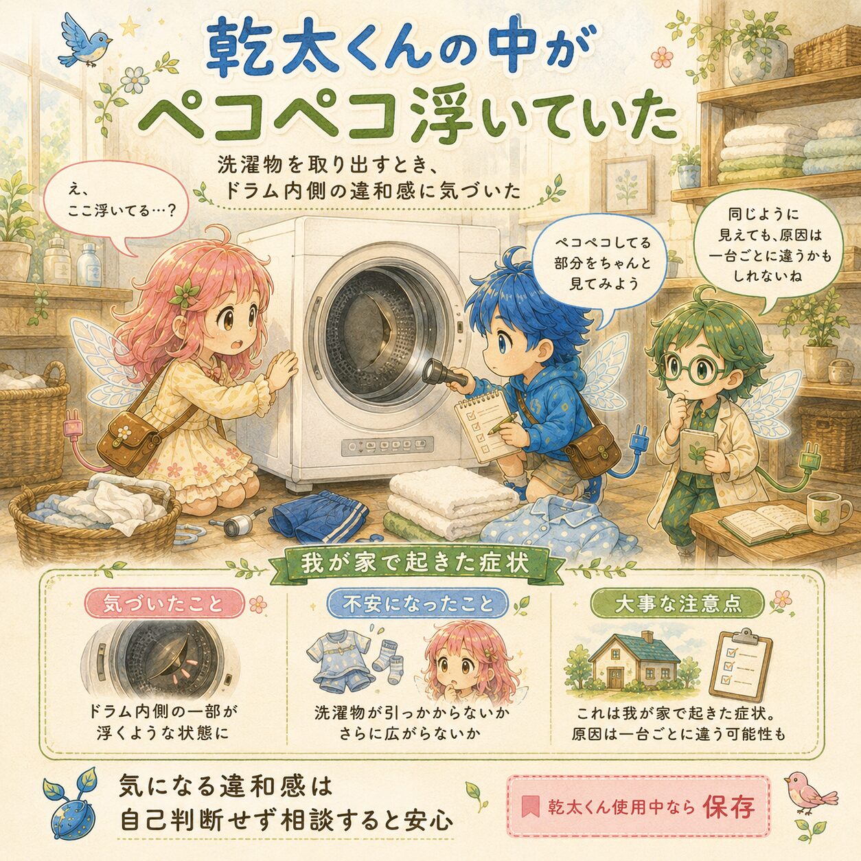乾太くんのドラム内側にペコペコ浮いている部分を見つけた体験を紹介する、絵本風のインフォグラフィック。明るいランドリールームで、エレピットちゃん、エレピットくん、エレアプが乾太くんの中を確認しながら、洗濯物を取り出すときに感じた違和感や、不安になった症状をやさしく説明している。ドラム内側の一部が浮くような状態、洗濯物が引っかからないかという心配、原因は一台ごとに違う可能性があることを、3児家庭の実体験として水彩タッチで見やすくまとめている。

