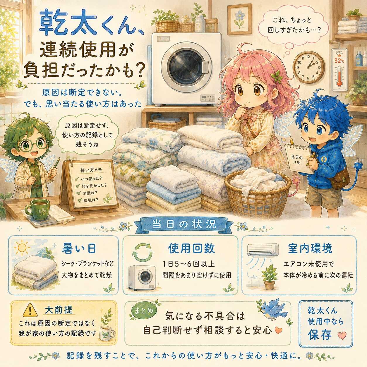 乾太くんの連続使用が負担だったかもしれないと感じた体験をまとめた、絵本風のインフォグラフィック。明るいランドリールームで、エレピットちゃん、エレピットくん、エレアプが乾太くんとたたんだ洗濯物を前に、暑い日、大物乾燥、1日5〜6回以上の使用、エアコン未使用の室内環境など当日の状況を振り返っている。原因を断定せず、使い方の記録として残し、気になる不具合は自己判断せず相談すると安心というメッセージを、やさしい水彩タッチで見やすく伝えている。
