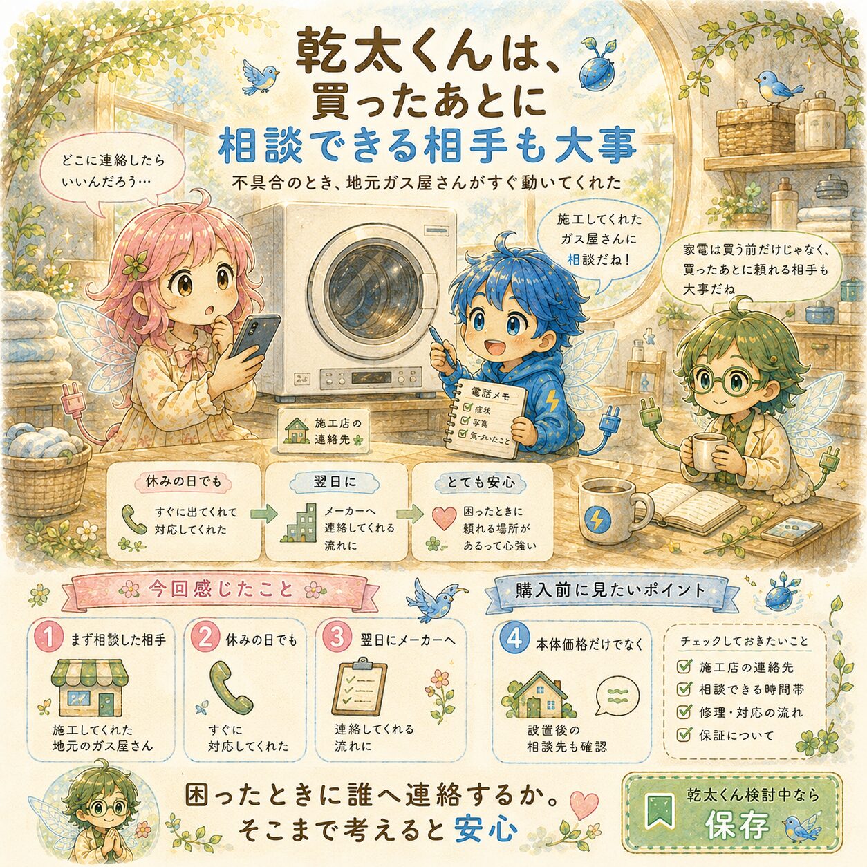 乾太くんを購入したあとに、不具合時に相談できる相手が大事だと実感した体験をまとめた、絵本風のインフォグラフィック。明るいランドリールームで、エレピットちゃん、エレピットくん、エレアプが乾太くんやスマホ、連絡メモを前に、地元ガス屋さんへ相談した流れや、休日でも対応してもらえた安心感を紹介している。本体価格だけでなく、施工店の連絡先、相談できる時間帯、修理対応の流れ、保証の確認まで含めて考える大切さを、やさしい水彩タッチで見やすく伝えている。

