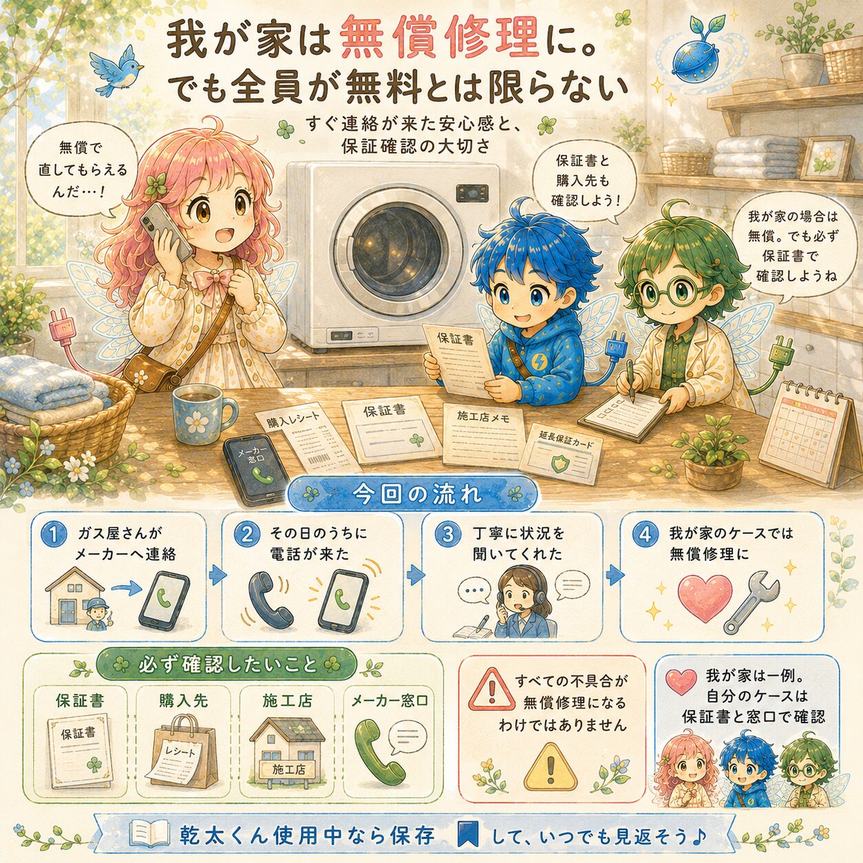 乾太くんの不具合が無償修理になった体験と、保証確認の大切さをまとめた絵本風のインフォグラフィック。明るいランドリールームで、エレピットちゃん、エレピットくん、エレアプが乾太くん、保証書、購入レシート、施工店メモを確認しながら、地元ガス屋さんからメーカーへ連絡し、その日のうちに電話が来て状況確認後に無償修理となった流れを紹介している。すべての不具合が無料になるとは限らないため、保証書、購入先、施工店、メーカー窓口を確認する大切さを、やさしい水彩タッチで見やすく伝えている。
