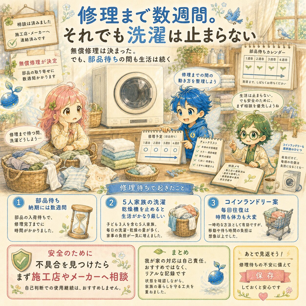 乾太くんの修理が決まってから部品待ちの数週間、洗濯をどう回したかをまとめた絵本風のインフォグラフィック。明るいランドリールームで、エレピットちゃん、エレピットくん、エレアプが乾太くん、洗濯物、修理予定メモを前に、部品の納期待ち、5人家族の洗濯量、コインランドリー利用の負担を整理している。不具合を見つけたら自己判断で使い続けず、まず施工店やメーカーへ相談する大切さと、修理待ち期間の不安に備える考え方を、やさしい水彩タッチで見やすく伝えている。
