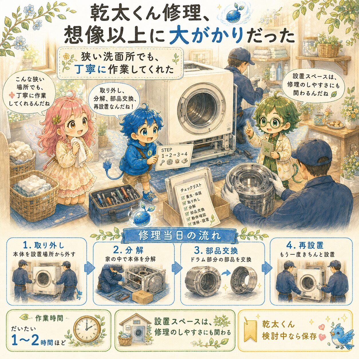 乾太くんの修理が想像以上に大がかりだった体験をまとめた、絵本風のインフォグラフィック。明るいランドリールームで、作業員が乾太くんを取り外して分解し、ドラム部分の部品交換と再設置を行う様子を、エレピットちゃん、エレピットくん、エレアプが見守っている。修理当日の流れとして、本体の取り外し、家の中での分解、部品交換、再設置までの手順や、作業時間が1〜2時間ほどだったこと、設置スペースが修理のしやすさにも関わることを、やさしい水彩タッチで見やすく伝えている。

