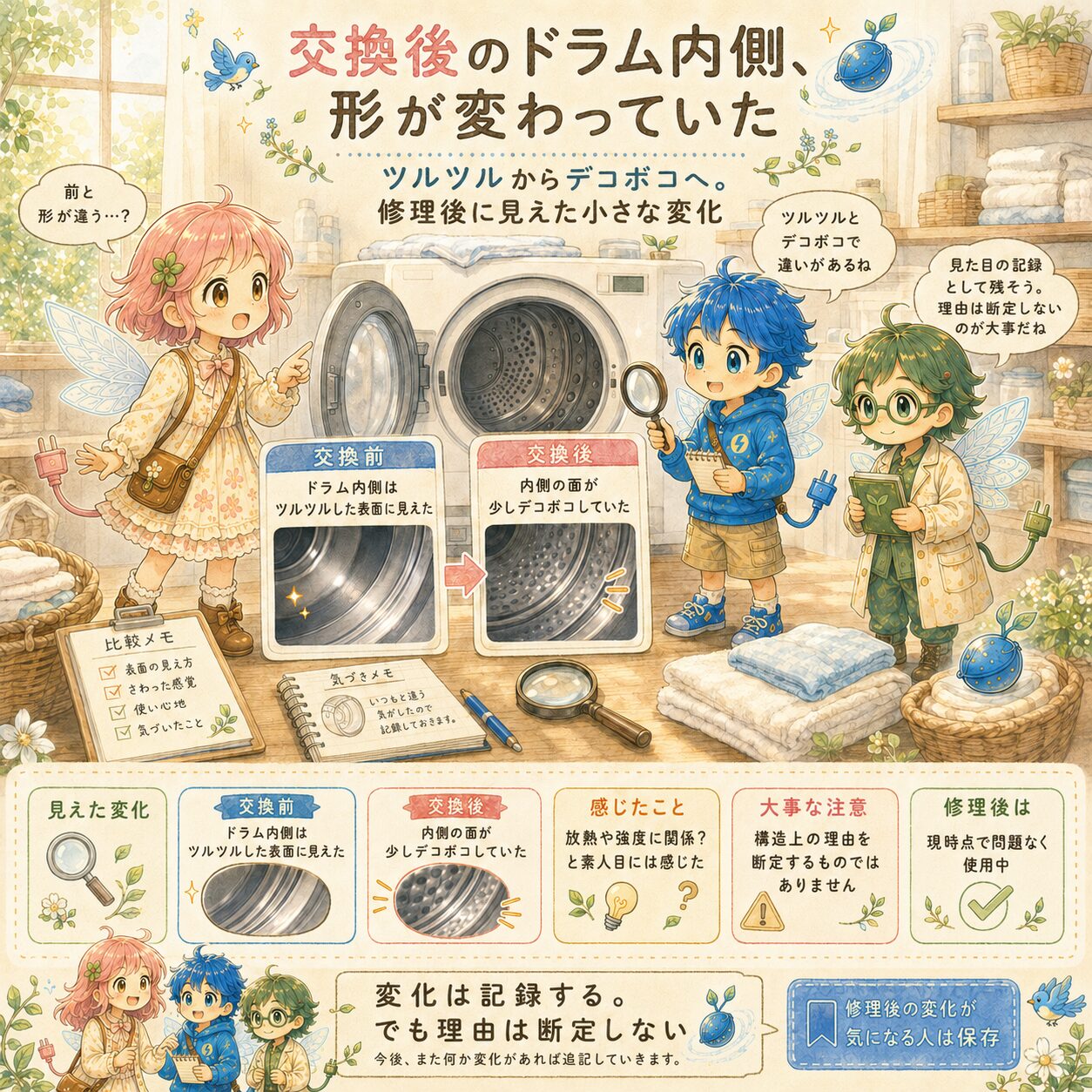乾太くんの部品交換後に、ドラム内側の見た目が変わっていたことを記録した絵本風のインフォグラフィック。明るいランドリールームで、エレピットちゃん、エレピットくん、エレアプが乾太くんのドラム内側を確認し、交換前はツルツルした表面に見えたのに対し、交換後は少しデコボコした面に見えたという小さな変化を比較している。修理後の見た目の違いは記録として残しつつ、理由を自己判断で断定せず、気になる変化があれば追記して確認する大切さを、やさしい水彩タッチで見やすく伝えている。
