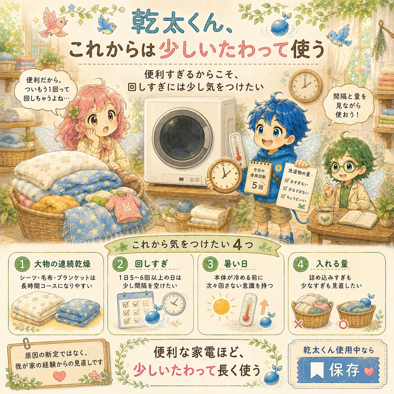 乾太くんをこれから少しいたわって使うための注意点をまとめた、絵本風のインフォグラフィック。明るいランドリールームで、エレピットちゃん、エレピットくん、エレアプが乾太くん、毛布やブランケット、洗濯物の量、使用回数を確認しながら、便利な家電ほど回しすぎや詰め込みすぎに気をつけたいことを伝えている。大物の連続乾燥、1日5〜6回以上の使用、暑い日の運転、入れる量の見直しなど、乾太くんを長く安心して使うためのポイントを、やさしい水彩タッチで見やすくまとめている。
