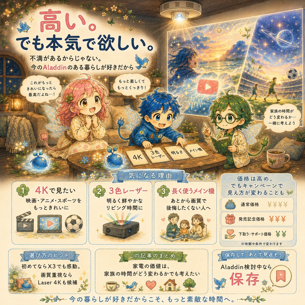 Aladdin X3 Laser 4Kを本気で欲しい理由を、エレアプ公式世界観でまとめた絵本風のインフォグラフィック。アップデートハウスのリビングで、エレピットちゃん、エレピットくん、エレアプが大画面の映像を見ながら、4Kで映画やアニメ、スポーツをもっときれいに楽しめること、3色レーザーで明るく鮮やかに見えること、長く使うメイン機として後悔しにくいことを話している。価格は高めでも、キャンペーンや下取り、サポートを含めて検討し、家電の価値を家族の時間がどう変わるかで考えたいというメッセージを、やさしい水彩タッチで見やすく表現している。
