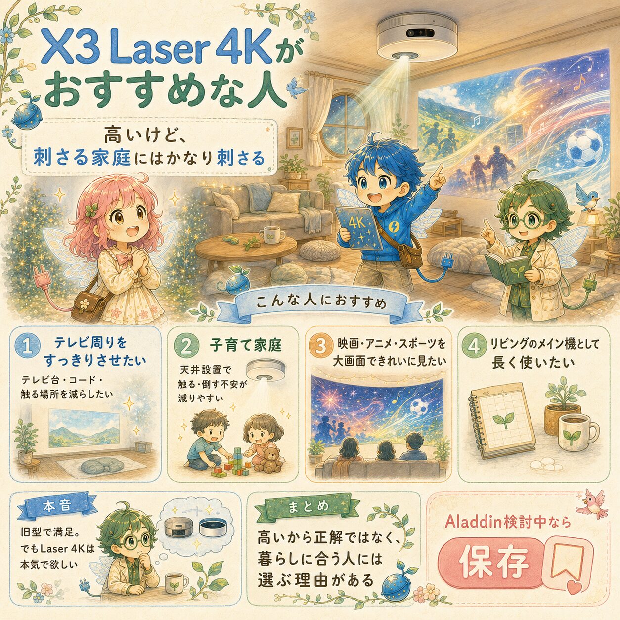 Aladdin X3 Laser 4Kがおすすめな人を、エレアプ世界観でまとめた絵本風インフォグラフィック。暖かなリビングで、エレピットちゃん、エレピットくん、エレアプが天井設置プロジェクターの大画面映像を見ながら、テレビ周りをすっきりさせたい家庭、子育て家庭、映画・アニメ・スポーツを大画面できれいに楽しみたい人、リビングのメイン機として長く使いたい人に向いていることを説明している。価格は高いけれど、暮らしに合う家庭には選ぶ理由があるというメッセージを、水彩と色鉛筆のやさしいタッチで表現している。
