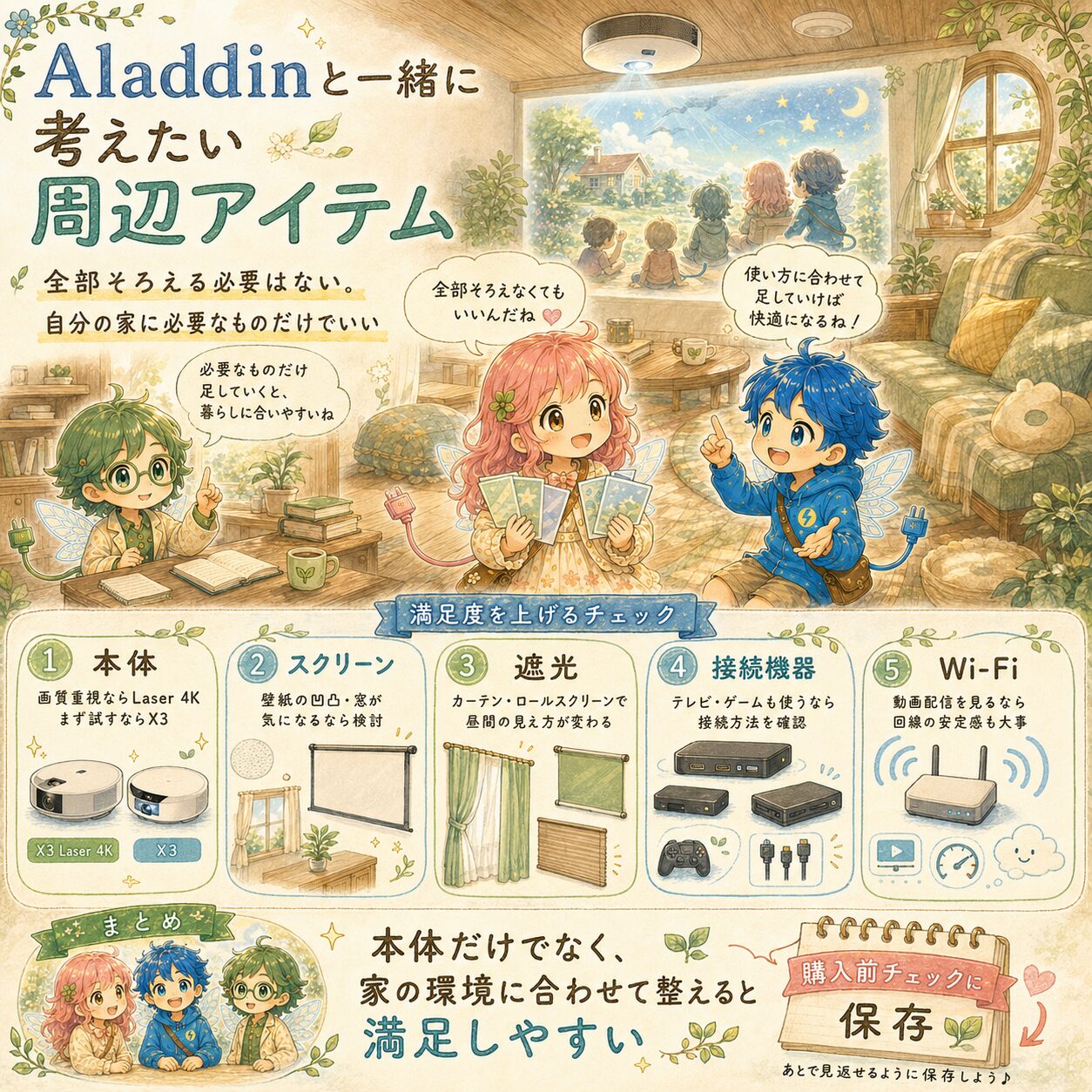 Aladdinと一緒に考えたい周辺アイテムをまとめた、エレアプ世界観の絵本風インフォグラフィック。暖かなリビングで、エレピットちゃん、エレピットくん、エレアプが天井設置プロジェクターの大画面映像を見ながら、本体だけでなくスクリーン、遮光カーテン、接続機器、Wi-Fi環境も合わせて考える大切さを話している。画質重視ならX3 Laser 4K、まず試すならX3など本体選びに加えて、壁の凹凸、昼間の見え方、テレビやゲーム接続、動画配信の安定性を購入前チェックとして整理。Aladdinは本体だけで選ばず、家の環境に合わせて整えると満足しやすいことを、水彩と色鉛筆のやさしいタッチで表現している。
