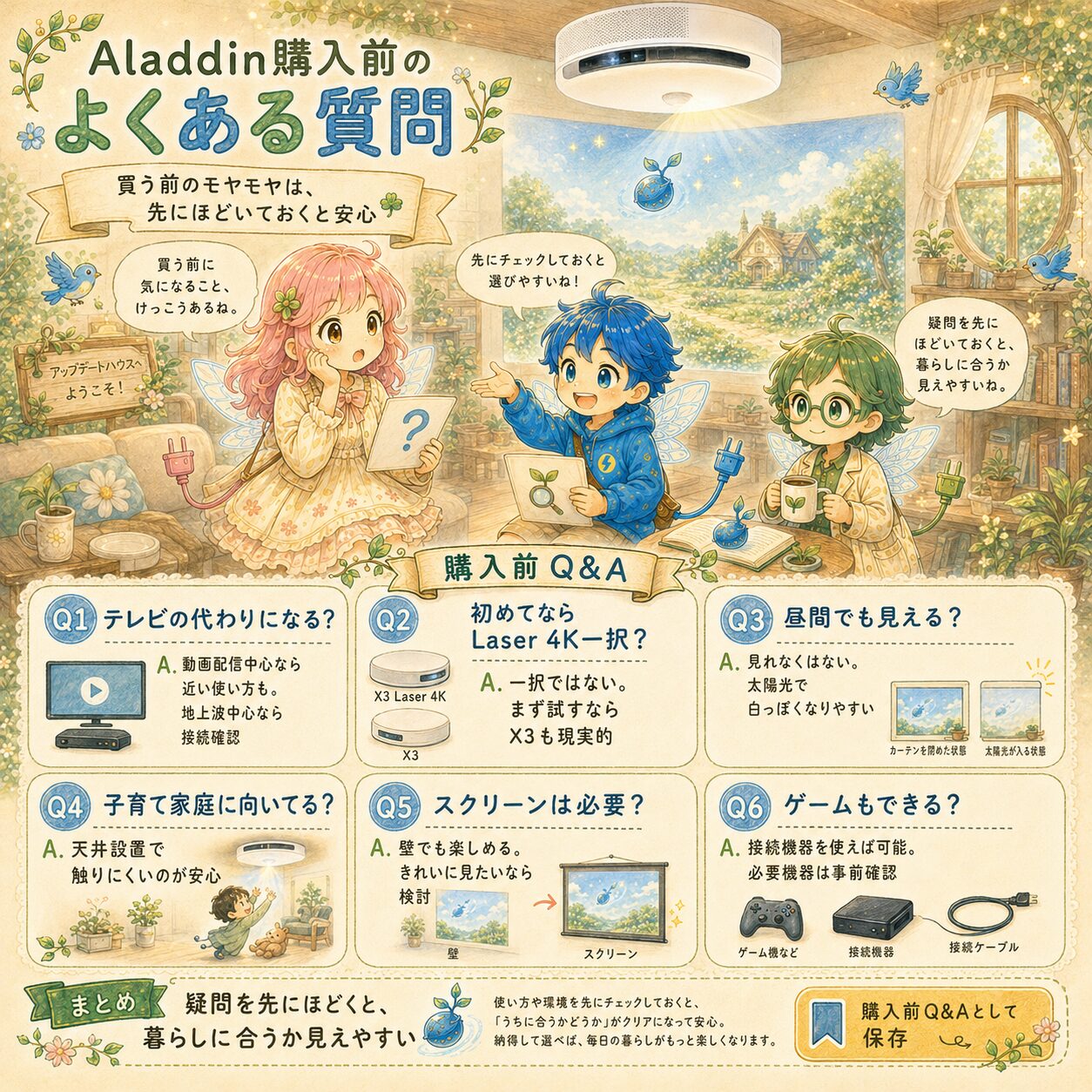 Aladdin購入前によくある質問をQ&A形式でまとめた、エレアプ世界観の絵本風インフォグラフィック。暖かなアップデートハウスのリビングで、エレピットちゃん、エレピットくん、エレアプが天井設置プロジェクターと大画面映像を見ながら、購入前の疑問をやさしく確認している。テレビの代わりになるか、初めてならX3 Laser 4K一択なのか、昼間でも見えるか、子育て家庭に向いているか、スクリーンは必要か、ゲームもできるかなどを、Q&Aカードで整理。疑問を先にほどくことで、Aladdinが自分の暮らしに合うか見えやすくなることを、水彩と色鉛筆のやわらかいタッチで表現している。
