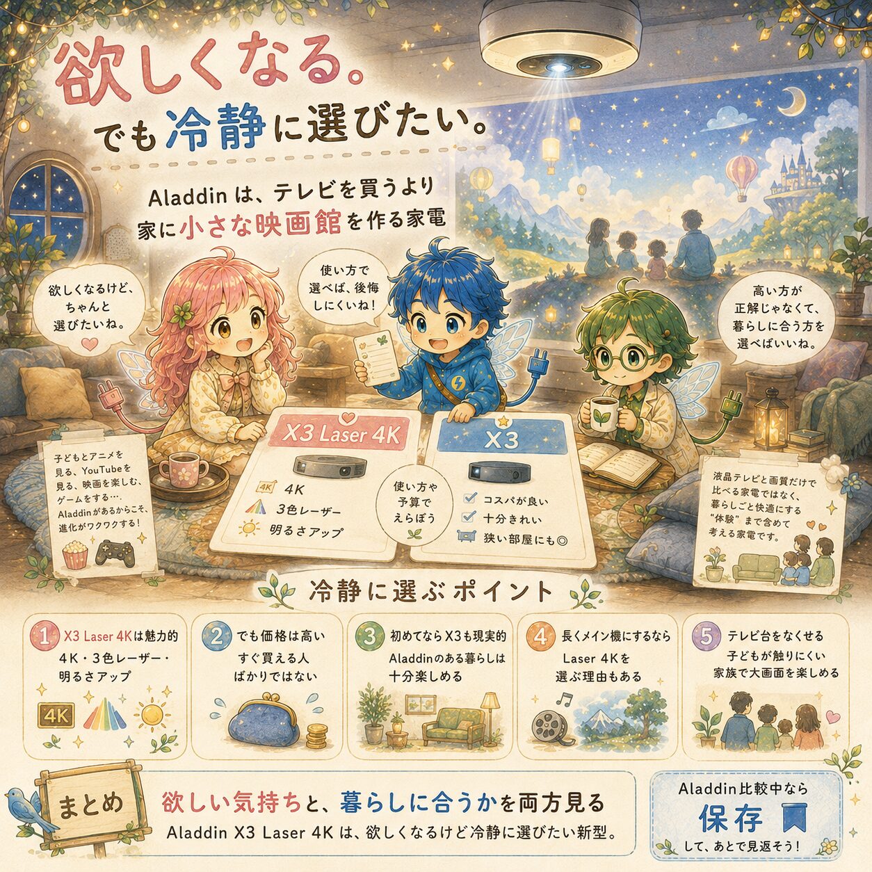 Aladdin X3 Laser 4KとAladdin X3を、欲しい気持ちだけでなく暮らしに合うかで冷静に選ぶための、エレアプ世界観の絵本風インフォグラフィック。暖かなアップデートハウスのリビングで、エレピットちゃん、エレピットくん、エレアプが天井設置プロジェクターの大画面映像を見ながら、X3 Laser 4Kの4K画質、3色レーザー、明るさの魅力と、価格の高さや使い方に合うかをやさしく比較している。子どもとアニメやYouTubeを見る、映画を楽しむ、ゲームをする、テレビ台をなくして家族で大画面を楽しむなど、Aladdinが暮らしに与える変化を整理し、欲しい気持ちと暮らしに合うかを両方見て選ぶ大切さを、水彩と色鉛筆のやさしいタッチで表現している。
