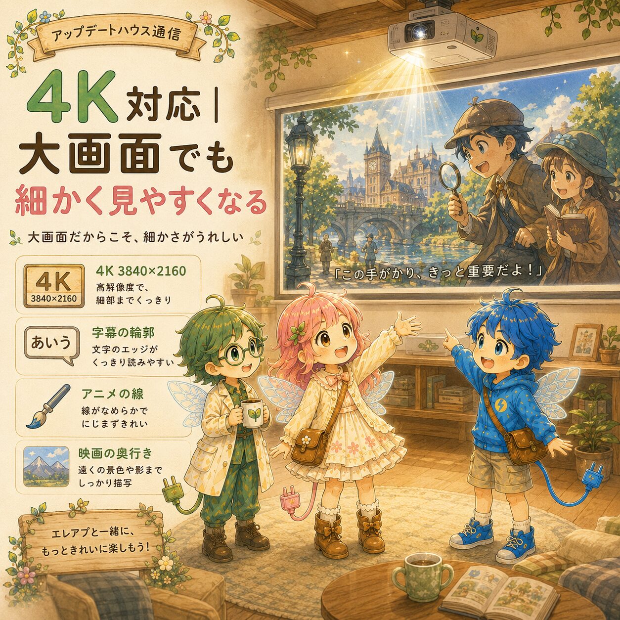 Aladdin X3 Laser 4Kの4K対応によって、大画面でも映像の細部が見やすくなることを解説したエレアプ世界観の絵本風インフォグラフィック。アップデートハウスのリビングで、エレピットちゃん、エレピットくん、エレアプが大画面に映る映画のワンシーンを見ながら、4K解像度による細かさ、字幕の読みやすさ、アニメの線のなめらかさ、映画の奥行き感を確認している。大画面だからこそ細部までくっきり見える楽しさを、水彩と色鉛筆のやさしいタッチで表現している。
