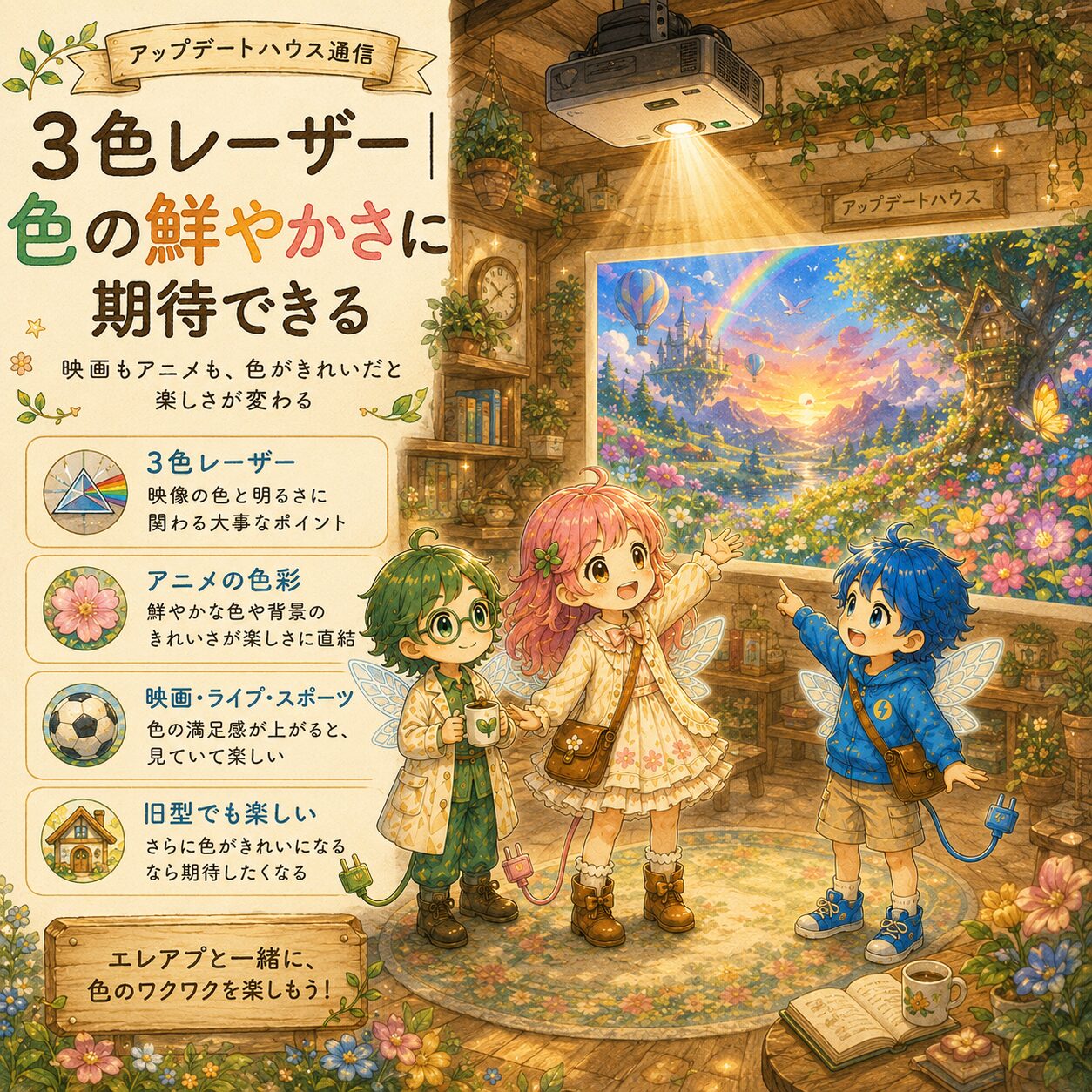 Aladdin X3 Laser 4Kの3色レーザーによって、映像の色の鮮やかさに期待できることを解説したエレアプ世界観の絵本風インフォグラフィック。アップデートハウスのリビングで、エレピットちゃん、エレピットくん、エレアプが大画面に映る色鮮やかな森や虹、花、空の映像を見ながら、映画やアニメ、ライブ、スポーツの楽しさは色のきれいさで変わることを伝えている。旧型でも十分楽しめる一方で、3色レーザーによってさらに明るく鮮やかな映像体験が期待できることを、水彩と色鉛筆のやさしいタッチで表現している。
