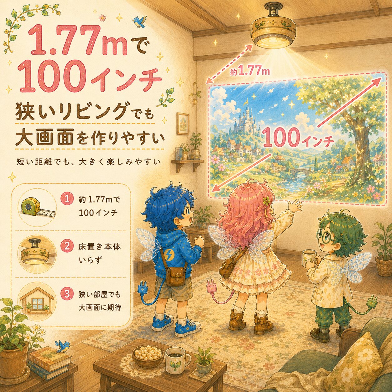 Aladdin X3 Laser 4Kが約1.77mの短い距離でも100インチの大画面を作りやすいことを解説した、エレアプ世界観の絵本風インフォグラフィック。木のぬくもりがあるリビングで、エレピットちゃん、エレピットくん、エレアプが天井設置プロジェクターから投影された大きな映像を見ながら、狭い部屋でも大画面を楽しめる可能性を確認している。床置き本体が不要なこと、短い距離でも大きく映しやすいこと、狭いリビングでも映画館のような体験を作りやすいことを、水彩と色鉛筆のやさしいタッチで表現している。
