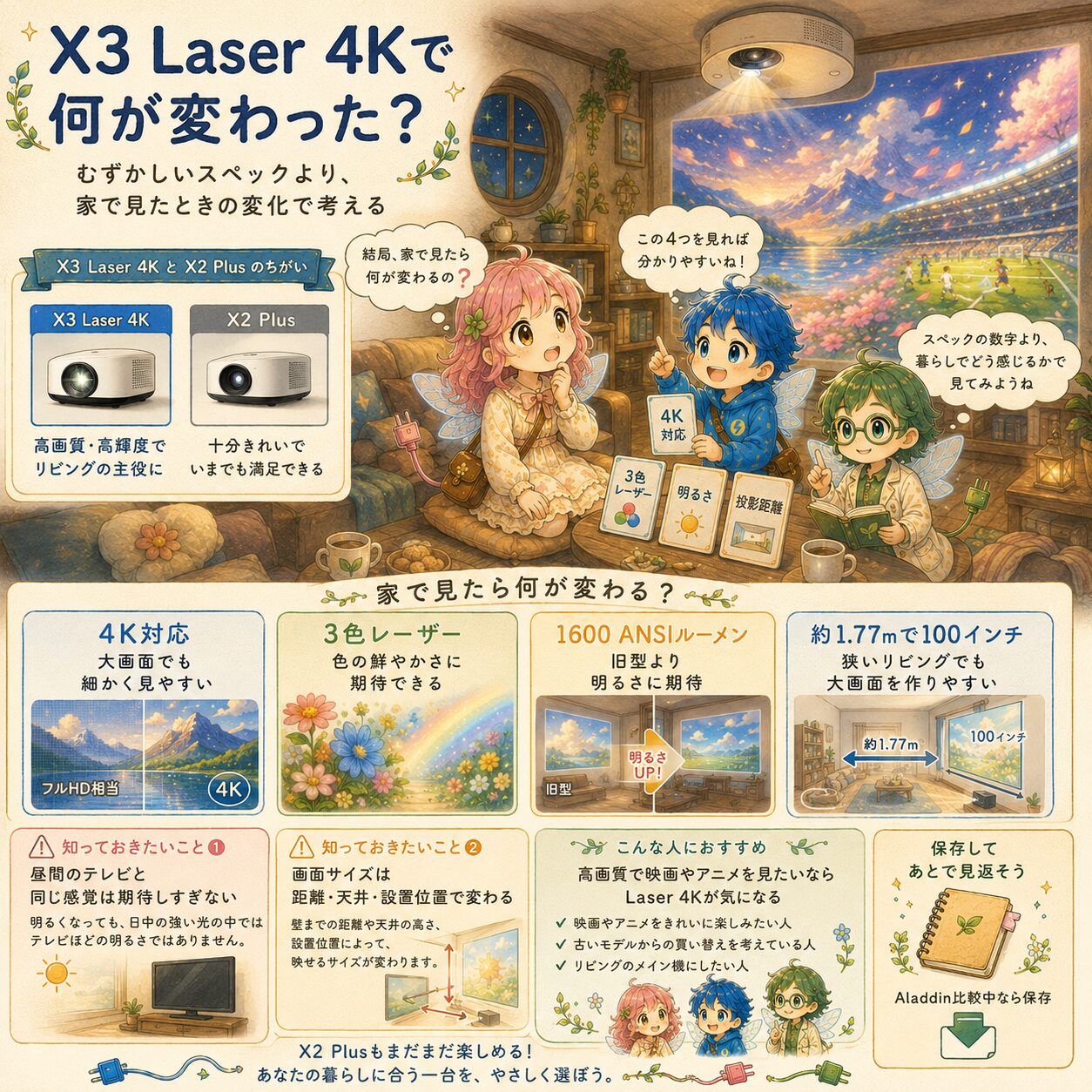 Aladdin X3 Laser 4Kで家の映像体験がどう変わるかを、X2 Plusとの違いも含めて解説した絵本風のインフォグラフィック。アップデートハウスのリビングで、エレピットちゃん、エレピットくん、エレアプが天井プロジェクターの映像を見ながら、4K対応、3色レーザー、1600 ANSIルーメンの明るさ、約1.77mで100インチ投影できる点を確認している。昼間のテレビ代わりには期待しすぎないこと、画面サイズは距離や天井の高さで変わること、映画やアニメを高画質で楽しみたい家庭に向いていることを、やさしい水彩タッチで見やすくまとめている。
