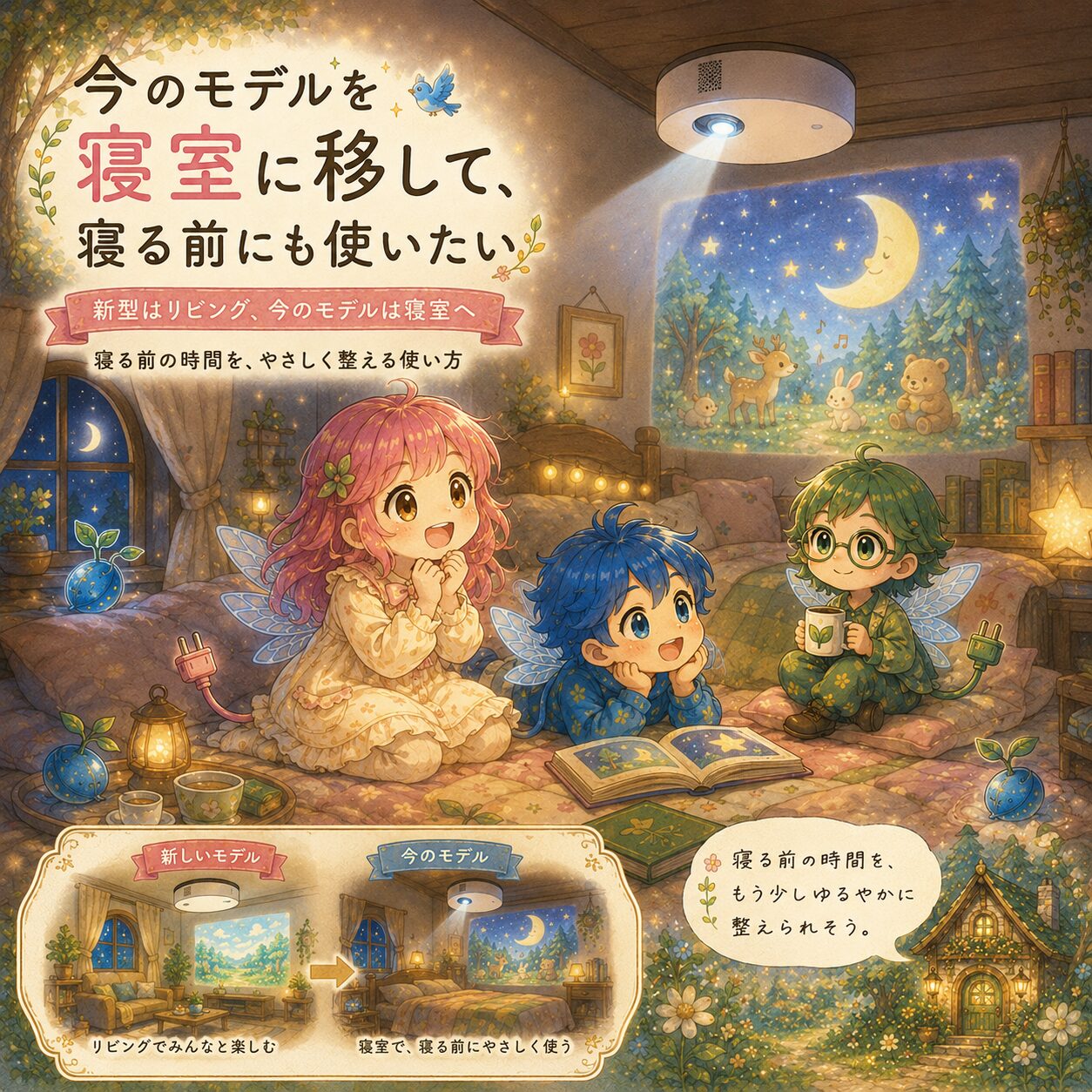 寝室に移したAladdinを使って、エレピットちゃん・エレピットくん・エレアプが寝る前の時間をゆったり過ごしている絵本風イラスト。天井プロジェクターで月や動物のやさしい映像を壁に映し、暖かな灯りの中で絵本を読みながらリラックスしている。新型をリビング、旧型を寝室へ移す使い方を紹介し、寝る前の時間を少し穏やかに整えられる暮らしの変化を、水彩と色鉛筆のやさしいタッチで表現している。
