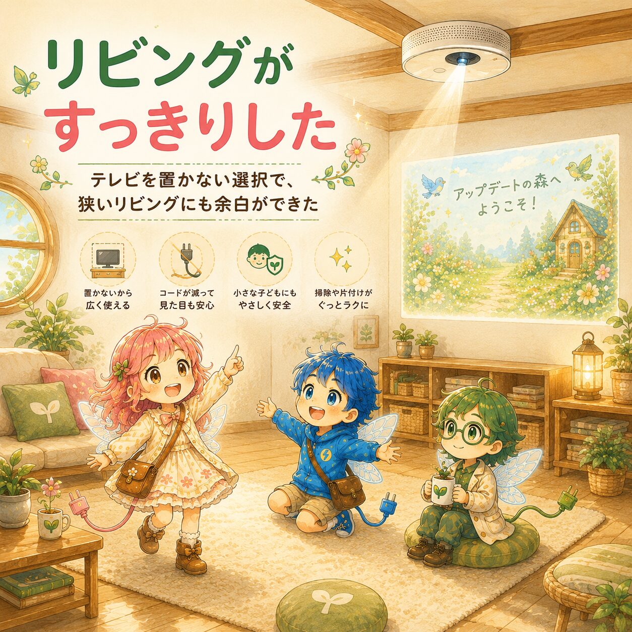 天井設置型プロジェクター「Aladdin」を使って、テレビを置かないリビングの暮らしを描いたエレアプ風インフォグラフィック。木のぬくもりがあるナチュラルな部屋で、エレピットちゃん・エレピットくん・エレアプが広くなったリビングを嬉しそうに過ごしている。壁には「アップデートの森へようこそ！」の映像が映され、テレビ台のないすっきりした空間が強調されている。上部では「コードが減る」「子どもにも安全」「掃除しやすい」など、暮らしの変化をやさしく整理。絵本風・水彩＋色鉛筆タッチで、余白のある心地よいリビング空間を温かく表現している。
