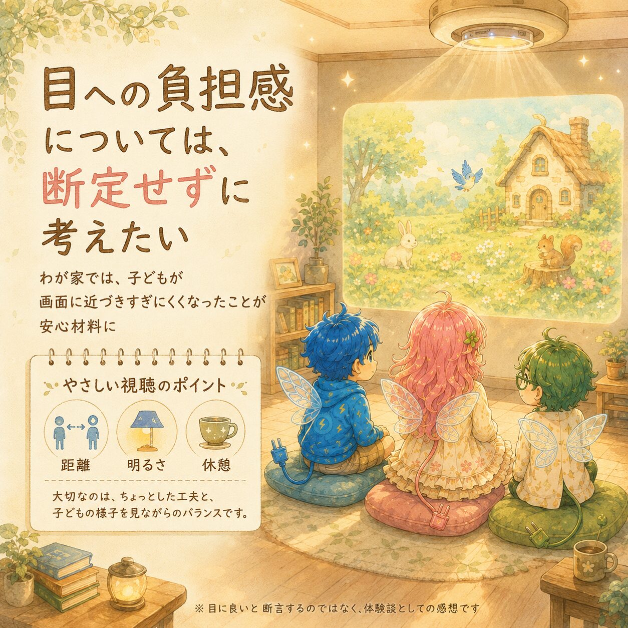 Aladdinを使うときの目への負担感について、体験ベースでやさしく考えるエレアプ世界観の絵本風インフォグラフィック。暖かなリビングで、エレピットちゃん、エレピットくん、エレアプがクッションに座り、天井プロジェクターで映されたアップデートの森の映像を見ている。画面との距離、部屋の明るさ、休憩の取り方を「やさしい視聴のポイント」として整理し、子どもが画面に近づきすぎにくくなったことが我が家では安心材料になったという実感を、水彩と色鉛筆のやわらかいタッチで表現している。
