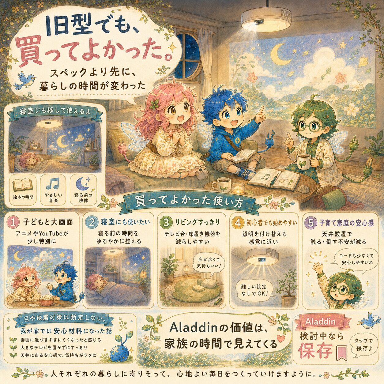 旧型ポップインアラジンでも買ってよかったと感じた使い方をまとめた、絵本風のインフォグラフィック。アップデートハウスのリビングで、エレピットちゃん、エレピットくん、エレアプが天井プロジェクターの映像を楽しみながら、スペックだけではなく暮らしの時間がどう変わったかを話している。子どもと大画面でアニメやYouTubeを楽しめること、寝室で絵本や音楽、寝る前の映像時間に使えること、リビングがすっきりすること、天井設置で子育て家庭の安心感があることを、やさしい水彩タッチで見やすく表現している。
