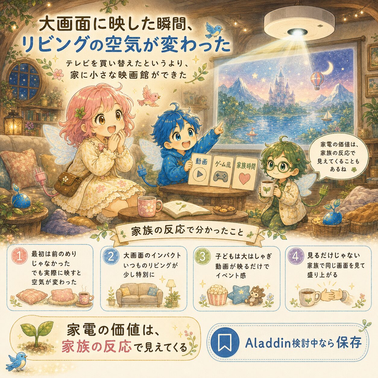 Aladdinの大画面に映した瞬間、リビングの空気が変わった家族の反応をまとめた絵本風のインフォグラフィック。アップデートハウスのリビングで、エレピットちゃん、エレピットくん、エレアプが天井プロジェクターの映像を見ながら、テレビを買い替えたというより家に小さな映画館ができたような感覚を楽しんでいる。大画面のインパクト、子どもの喜び、動画を見るだけでイベント感が出ること、家族で同じ画面を見て盛り上がることなど、家電の価値は家族の反応で見えてくるというメッセージを、やさしい水彩タッチで表現している。
