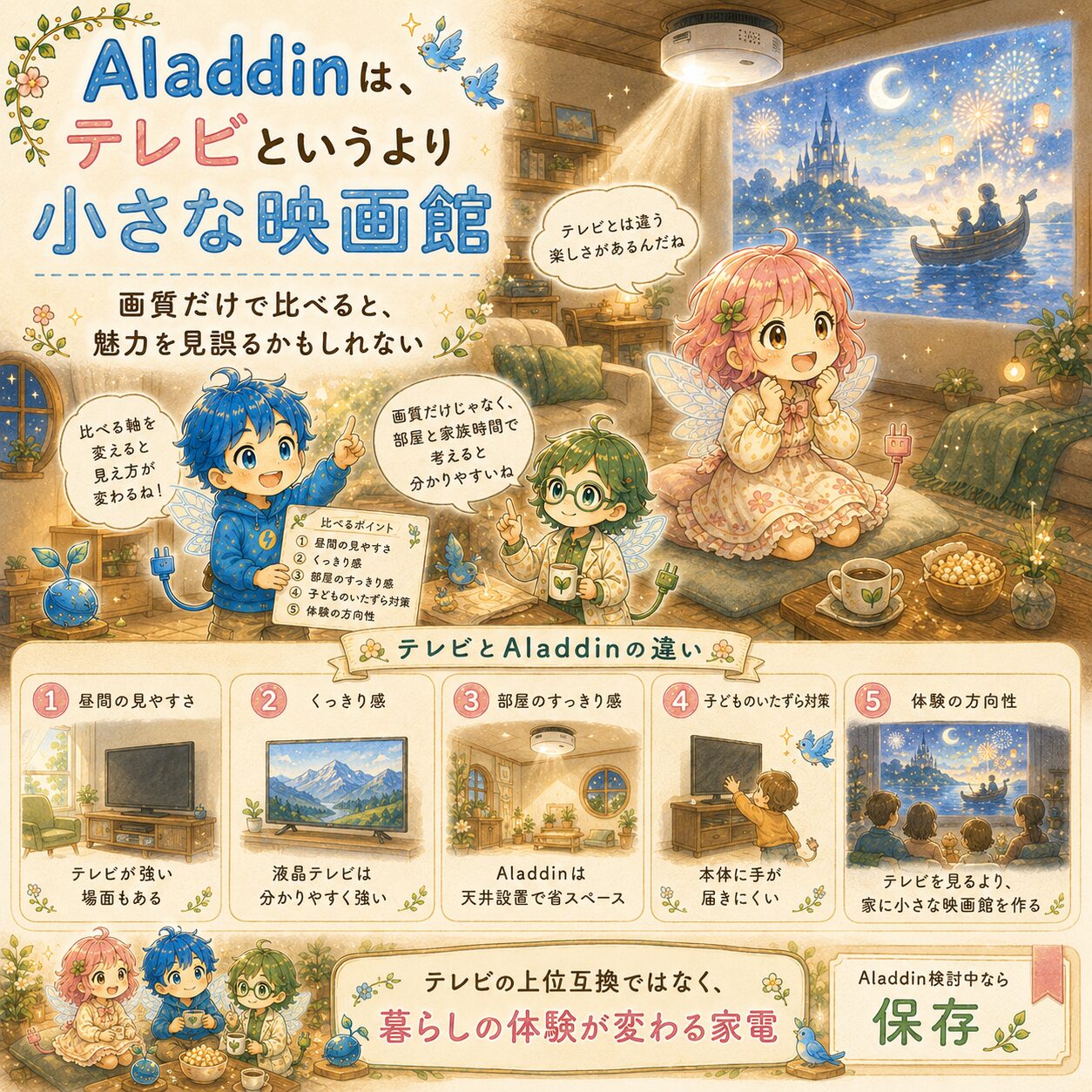 エレアプ世界観の絵本風インフォグラフィック。Aladdinを「テレビ」ではなく「家に小さな映画館をつくる家電」として描いている。夜のリビングで、エレピットちゃん・エレピットくん・エレアプが大画面映像を楽しみながら、家族時間や空間の変化について話している。下部では「昼の見やすさ」「くっきり感」「部屋のすっきり感」「子どものいたずら対策」「体験の方向性」をやさしく比較し、テレビとAladdinの違いを暮らし目線で整理。暖かな木の部屋、柔らかな灯り、水彩＋色鉛筆の優しい質感で、保存したくなる雰囲気に仕上げられている。
