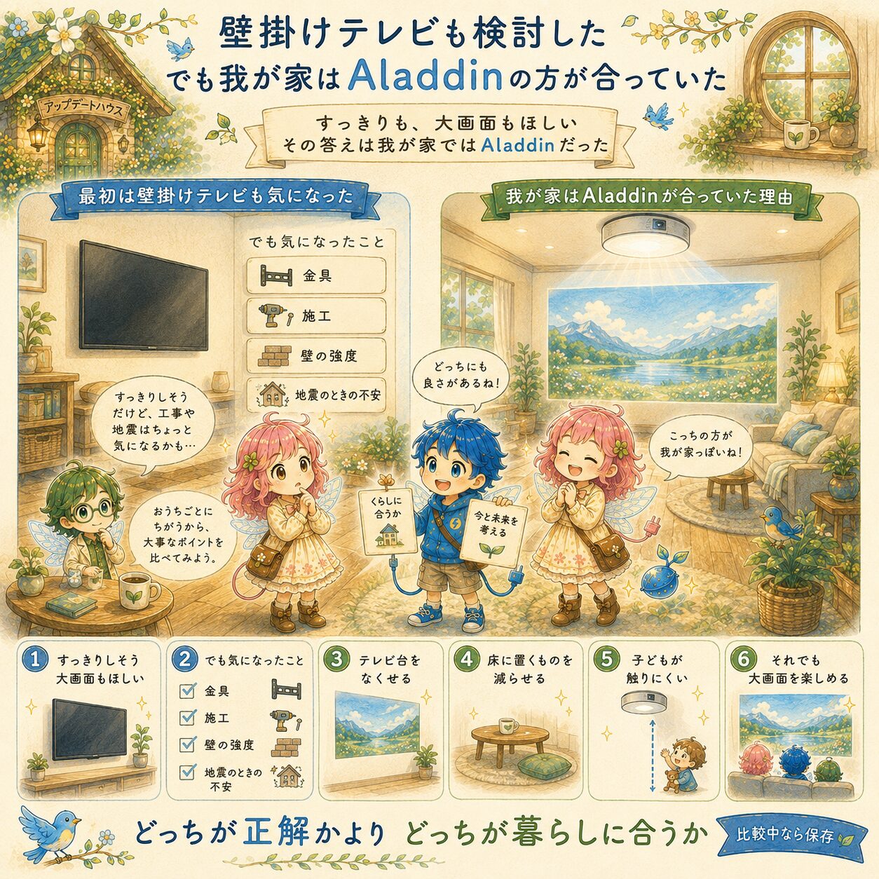 エレアプ世界観の絵本風インフォグラフィック。「壁掛けテレビ」と「Aladdin」を単純比較ではなく、“我が家に合う選択”としてやさしく整理している。左側では壁掛けテレビの魅力と気になった点（金具・施工・壁強度・地震時の不安）を描き、右側では天井設置のAladdinによって広くなったリビングと、大画面を楽しむ家族時間を表現。エレピットちゃん・エレピットくん・エレアプの3人が、「どっちが正解かより、どっちが暮らしに合うか」を一緒に考えている。下部では「テレビ台をなくせる」「床置きを減らせる」「子どもが触りにくい」など、暮らし目線の違いを整理。木漏れ日・ナチュラルな木の部屋・水彩＋色鉛筆タッチで、保存したくなるやさしい比較デザインに仕上げられている。
