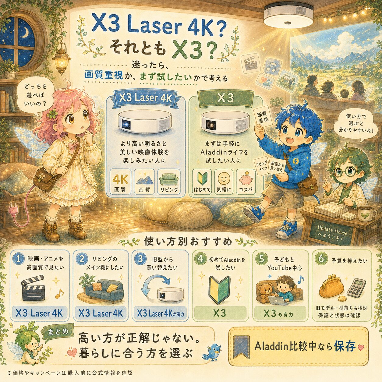 エレアプ世界観の比較インフォグラフィック。「X3 Laser 4K」と「X3」の違いを、“スペック競争”ではなく“暮らしに合う使い方”としてやさしく整理している。暖かなアップデートハウスのリビングで、エレピットちゃんが「どっちを選べばいいの？」と悩み、エレピットくんが「画質重視か、まず試したいか」で考える方法を案内。エレアプは横で穏やかに補足している。中央では「X3 Laser 4K＝高画質・リビングの主役向き」「X3＝はじめて・コスパ重視向き」をカード形式で比較。下部では「映画・アニメを高画質で見たい」「子どもとYouTube中心」「予算を抑えたい」など、暮らし別おすすめを整理している。絵本風・水彩＋色鉛筆・木漏れ日と暖かな灯りで、“高い方が正解ではなく、暮らしに合う方を選ぶ”という安心感を大切に描かれている。

