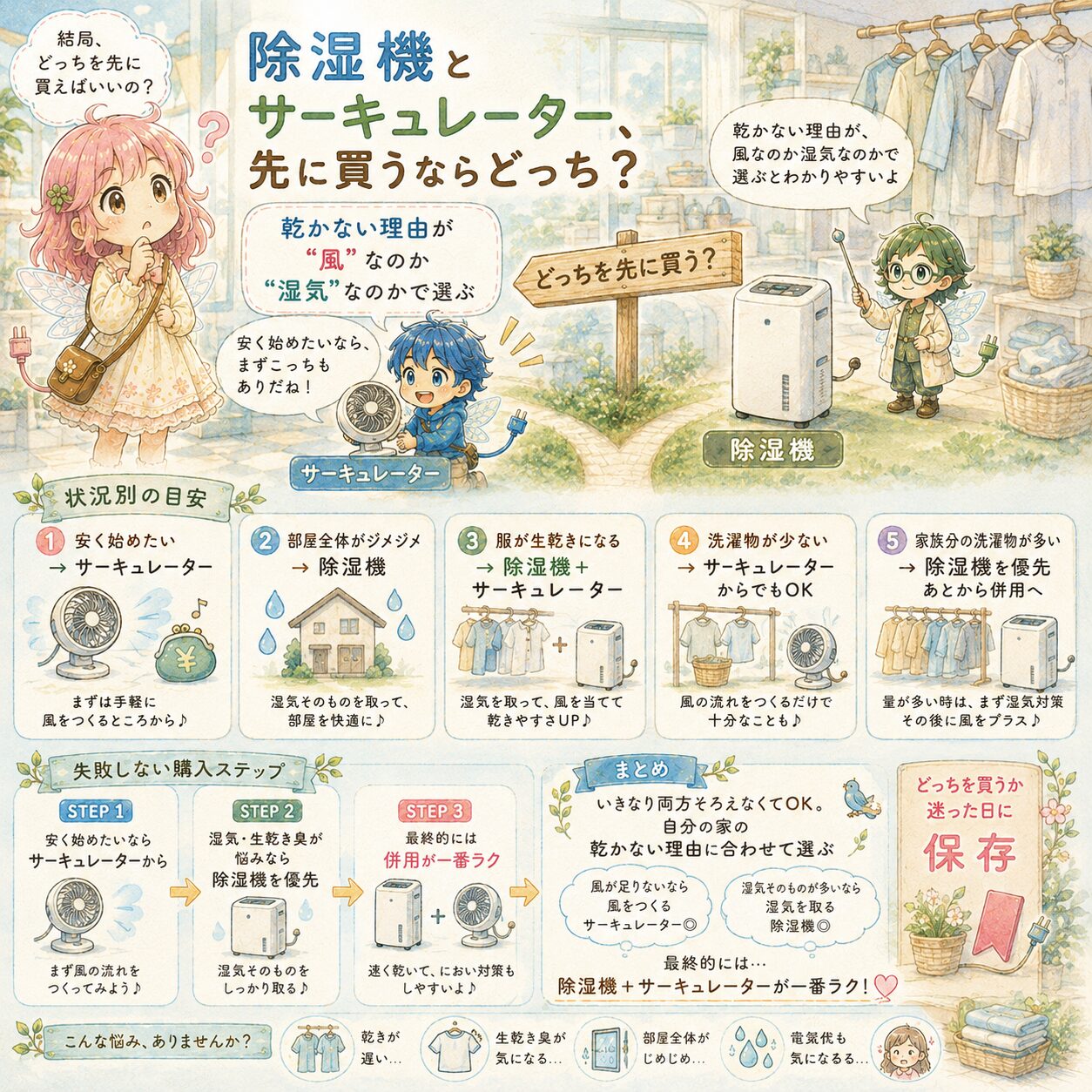 除湿機とサーキュレーターを先に買うならどちらがよいかを、部屋干しの悩み別に解説した絵本風のInstagramインフォグラフィック。エレピットちゃん、エレピットくん、エレアプが、洗濯物や除湿機、サーキュレーターの前で、乾かない理由が風不足なのか湿気の多さなのかを見分ける大切さを伝えている。安く始めたいならサーキュレーター、部屋全体のジメジメが気になるなら除湿機、服の生乾き臭まで気になるなら併用がラクという選び方を、やさしい水彩タッチで見やすくまとめている。