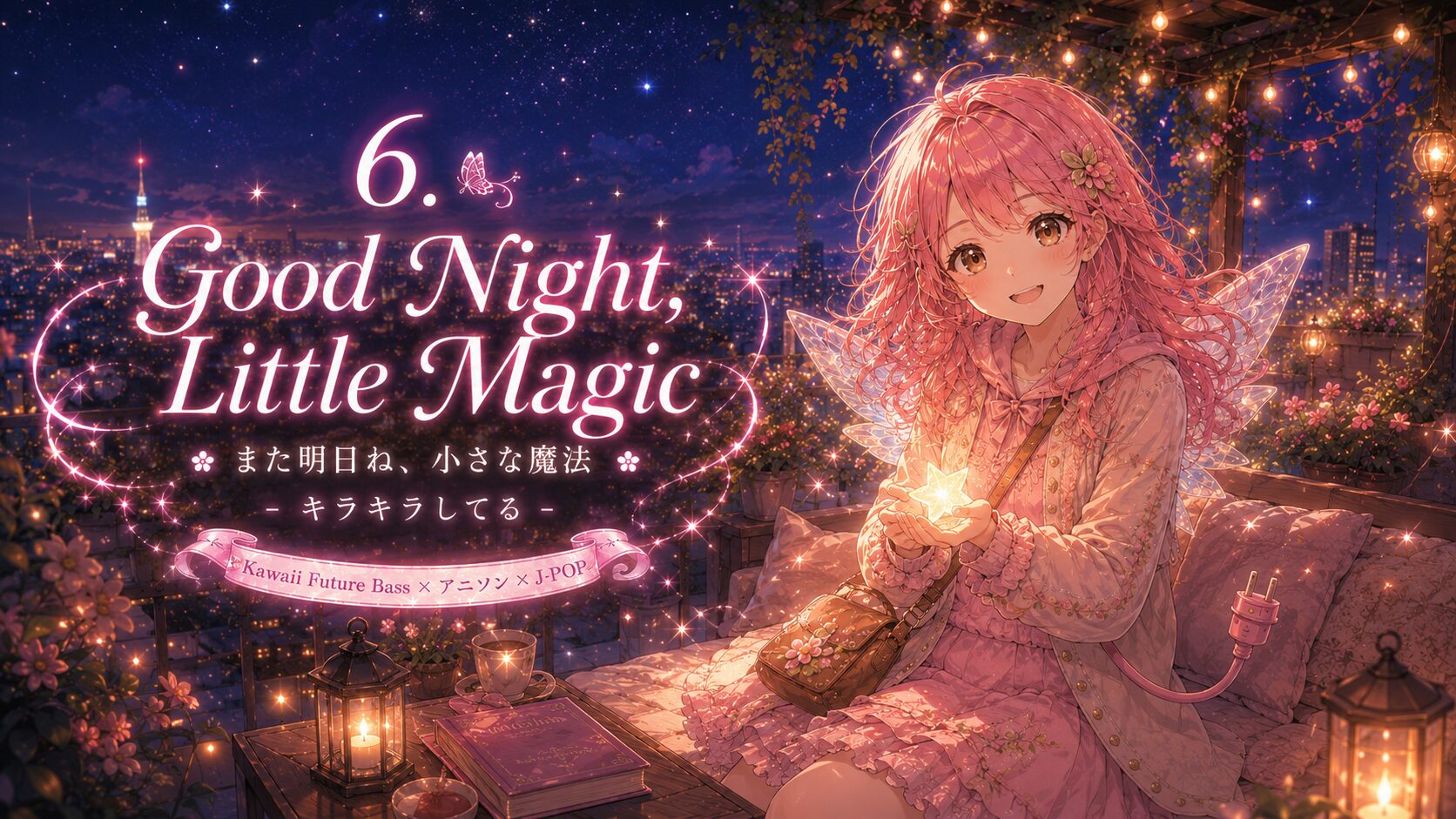 夜景の見える屋上テラスで、ピンク髪の妖精エレピットちゃんが星のように光る小さな魔法を両手で包み、やさしく微笑んでいるKawaii Future Bass風の音楽ジャケットイラスト。星空、街明かり、花、ランタンの暖かな光に囲まれた幻想的な背景に、「Good Night, Little Magic」「また明日ね、小さな魔法」「キラキラしてる」という文字が配置され、一日の終わりに小さな発見を大切にしまうような、穏やかで優しい余韻を表現している。
