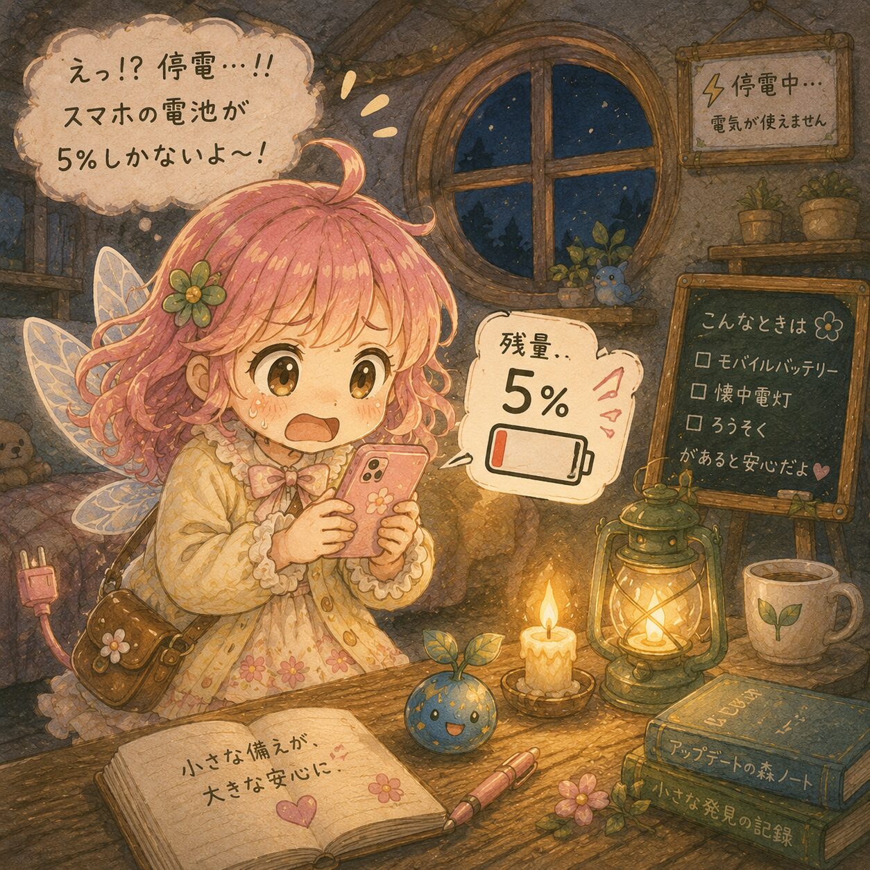 停電した夜の部屋で、ピンク髪の妖精「エレピットちゃん」がスマホの電池残量5％を見て焦っている、絵本風の水彩イラスト。ランタンとろうそくの暖かい灯りに照らされた木の部屋には、モバイルバッテリーや防災メモ、小さな青いアップデートの種が描かれ、「小さな備えが、大きな安心に」というメッセージが優しく表現されている。 
