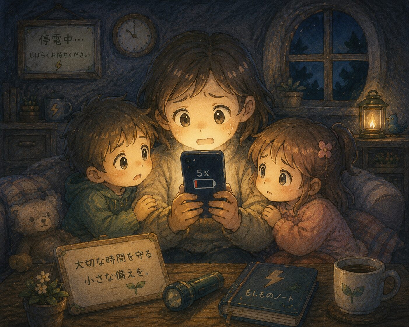 停電した夜の部屋で、スマホの電池残量5％を見つめながら不安そうな表情をする母親と子どもたちを描いた、絵本風の水彩イラスト。ランタンの暖かい灯りに包まれた木の部屋には、懐中電灯や防災ノートが置かれ、「大切な時間を守る 小さな備えを」というメッセージが優しく描かれている。
