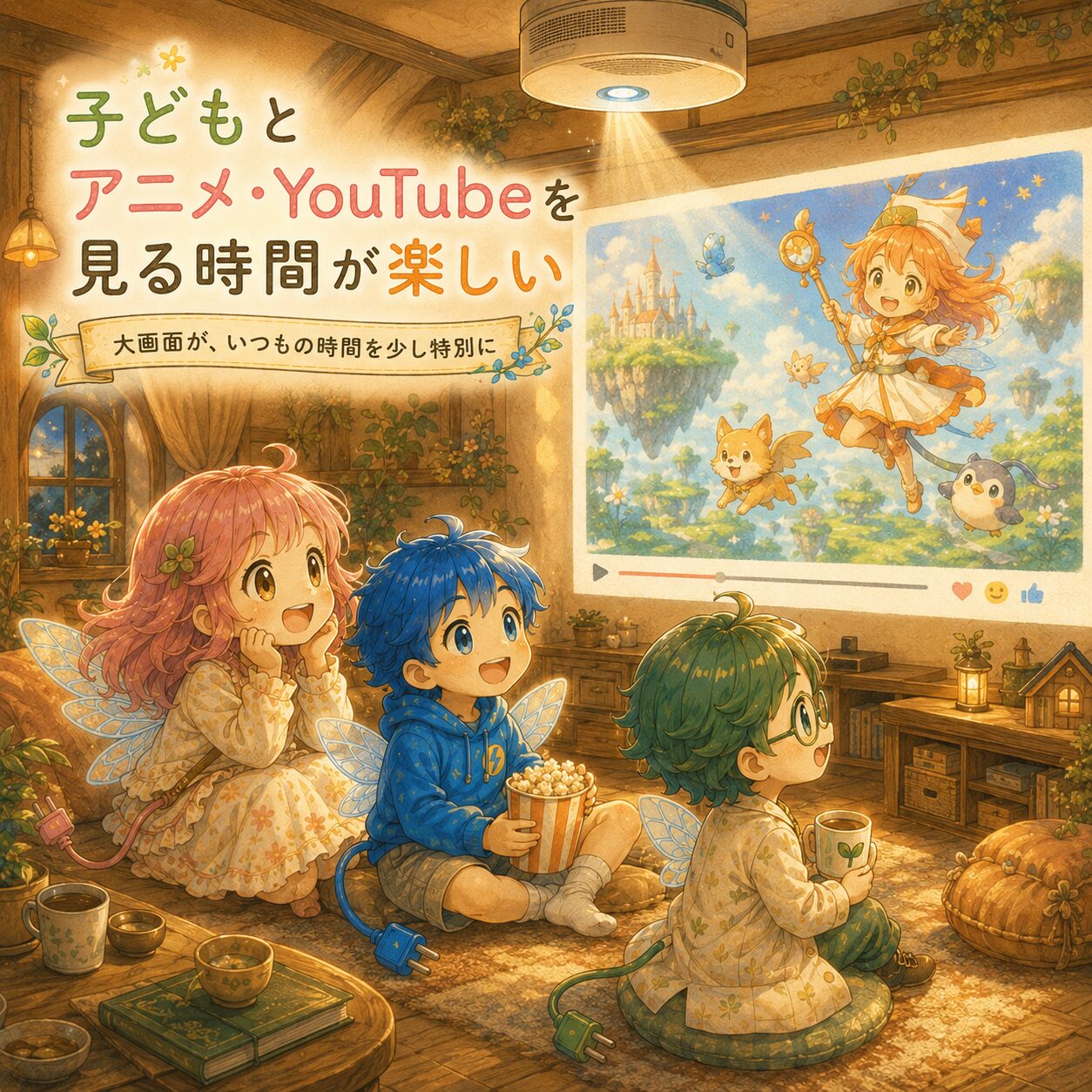 アップデートハウスのリビングで、エレピットちゃん、エレピットくん、エレアプが天井プロジェクターの大画面でアニメやYouTubeを楽しんでいる絵本風イラスト。暖かい木の部屋に投影された大きな映像を、3人が笑顔で見つめながら、子どもと一緒に見る時間がいつもより特別になる様子を表現している。Aladdinの大画面によって、家族の動画時間やリビングの空気が楽しく変わることを、やさしい水彩タッチで描いている。
