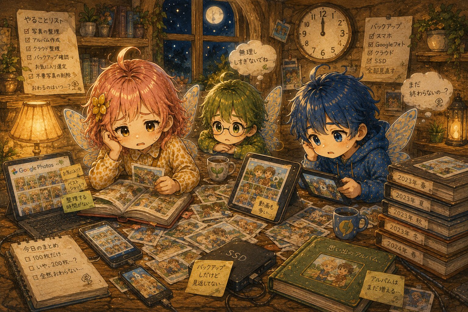 増え続ける子どもの写真や動画の整理が終わらず、夜遅くまでタスクに追われるパパ・ママの苦悩を表現した図解イラスト。エレピットちゃんたちが『やることリスト（不要写真の削除やお気に入り選定）』や膨大な動画データ、2023年からのアルバムの山を前に、夜中の12時になっても作業が終わらない様子を描いています。Google フォトや外付けSSDにバックアップしたものの見返せていないというリアルなペインに共感し、効率的な写真整理のやり方を提案するエレアプ生活のコンテンツです。