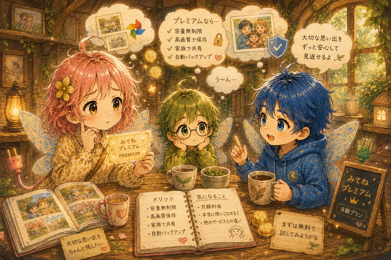 子どもの写真・動画バックアップサービス『みてねプレミアム（PREMIUM）』のメリット・デメリット（気になること）を比較検証した図解イラスト。容量無制限、高画質保存、家族共有、自動バックアップといった魅力に対し、月額料金や他サービスとの違い、本当に使いこなせるかという疑問点をノートにまとめて整理しています。エレピットちゃんたちの『大切な思い出をちゃんと残したい』という悩みに寄り添い、まずは無料で試してみる家計に優しい選択肢を提案するエレアプ生活のコンテンツです。