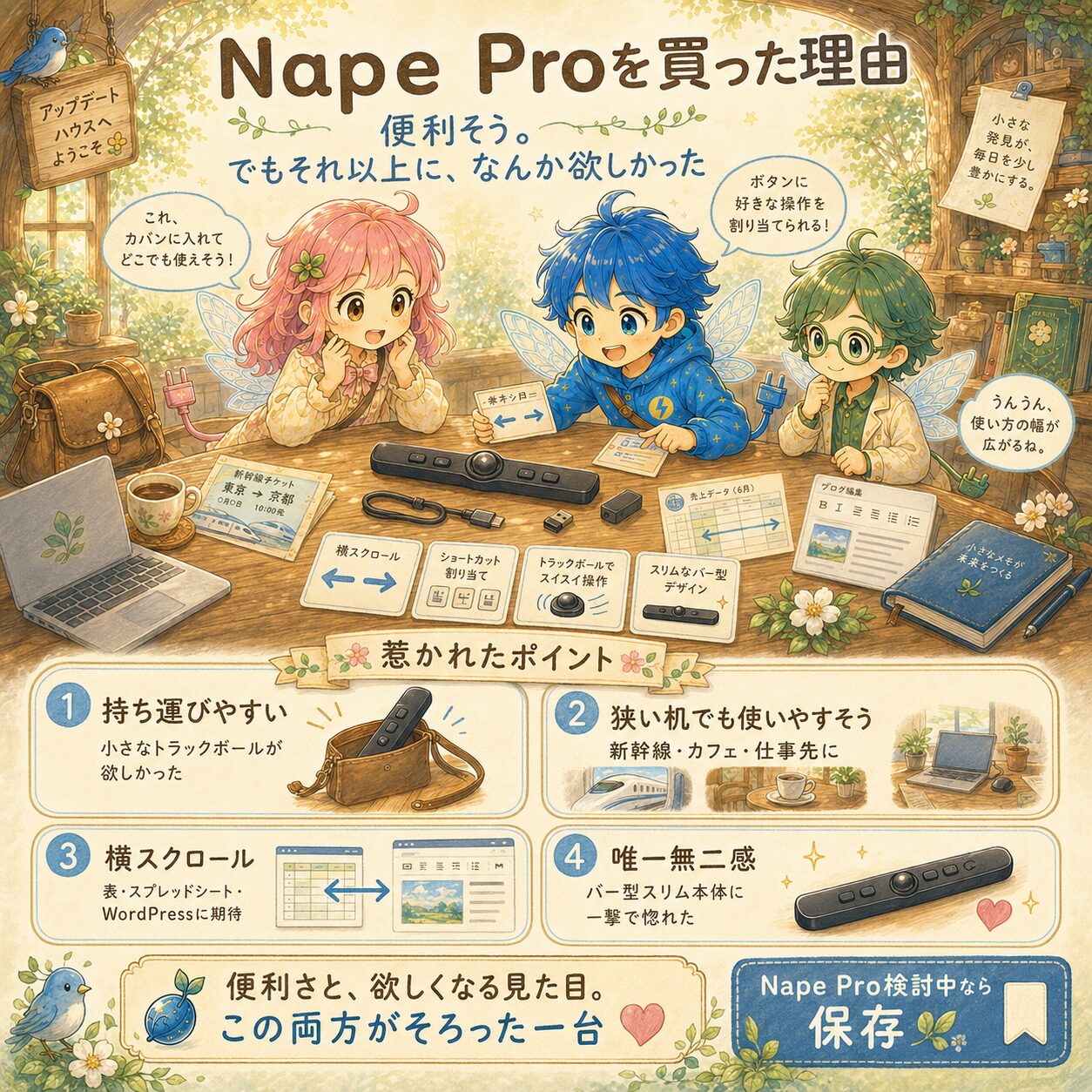 Nape Proを買った理由をまとめた、エレアプ世界観の絵本風インフォグラフィック。アップデートハウスの木の机で、エレピットちゃん、エレピットくん、エレアプがNape Pro本体や付属品を見ながら、持ち運びやすさ、狭い机での使いやすさ、横スクロール、スリムなバー型デザインに惹かれた理由を整理している。便利さだけでなく、見た目や使い方の広がりにも惹かれて購入したことを、水彩と色鉛筆のやさしいタッチで表現している。