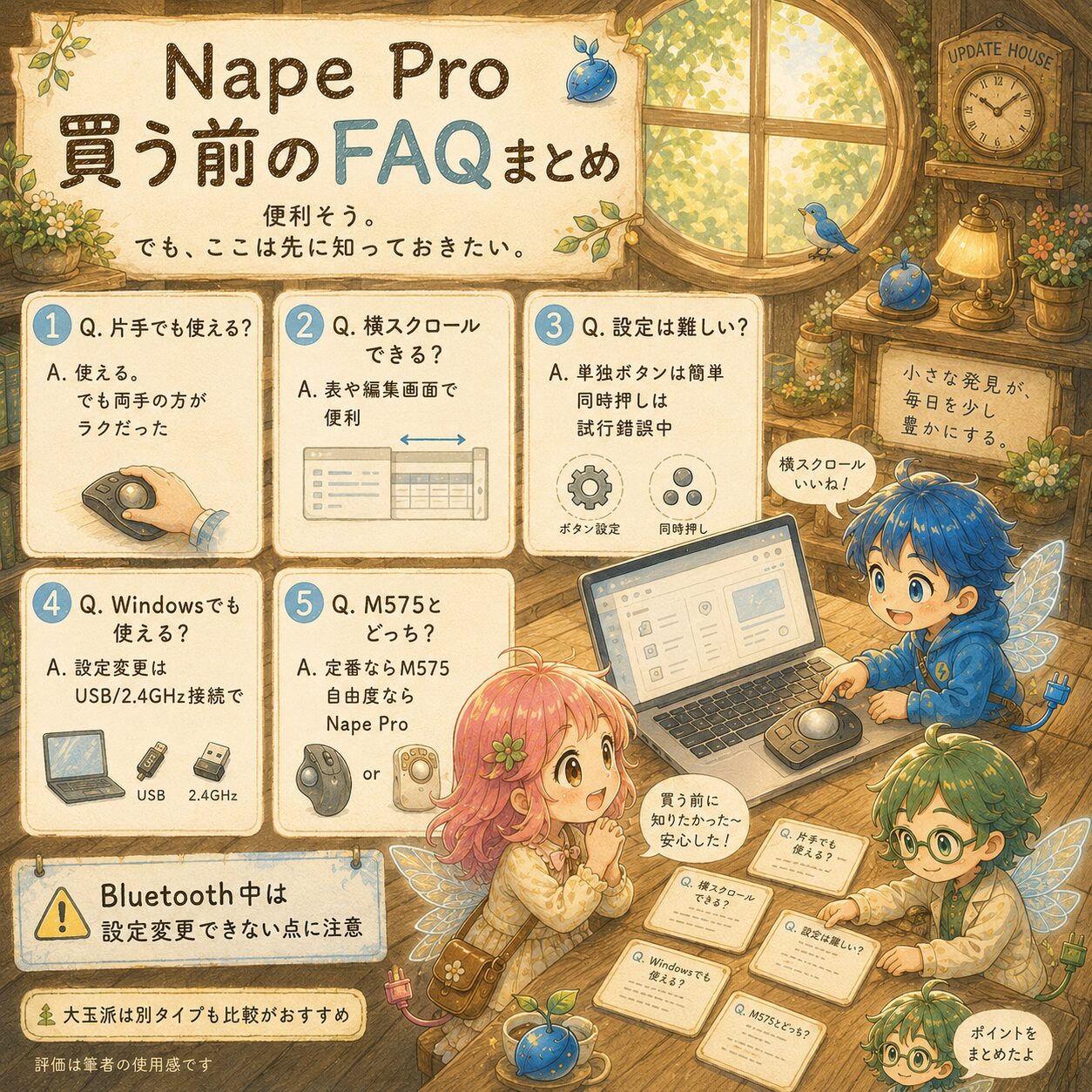 Nape Proを買う前に知っておきたいFAQをまとめた、エレアプ世界観の絵本風インフォグラフィック。アップデートハウスの木の机で、エレピットちゃん、エレピットくん、エレアプがNape Proを操作しながら、片手でも使えるか、横スクロールできるか、設定は難しいか、Windowsでも使えるか、M575とどちらを選ぶかを確認している。Bluetooth接続中は設定変更できない点や、定番ならM575、自由度ならNape Proという選び方を、水彩と色鉛筆のやさしいタッチで整理している。