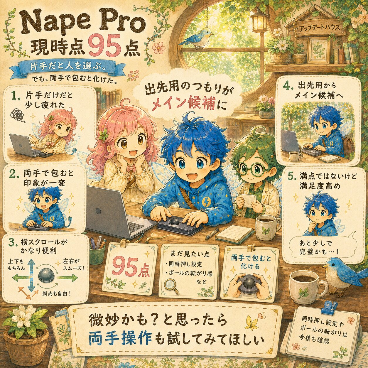 Nape Proを使った現時点の評価を95点としてまとめた、エレアプ世界観の絵本風インフォグラフィック。アップデートハウスの木の机で、エレピットちゃん、エレピットくん、エレアプがNape Proを両手操作しながら、片手では少し疲れたこと、両手で包むと印象が変わったこと、横スクロールが便利だったこと、出先用のつもりがメイン候補になったことを確認している。満点ではないものの満足度は高く、微妙に感じた場合は両手操作も試してほしいという内容を、水彩と色鉛筆のやさしいタッチで表現している。