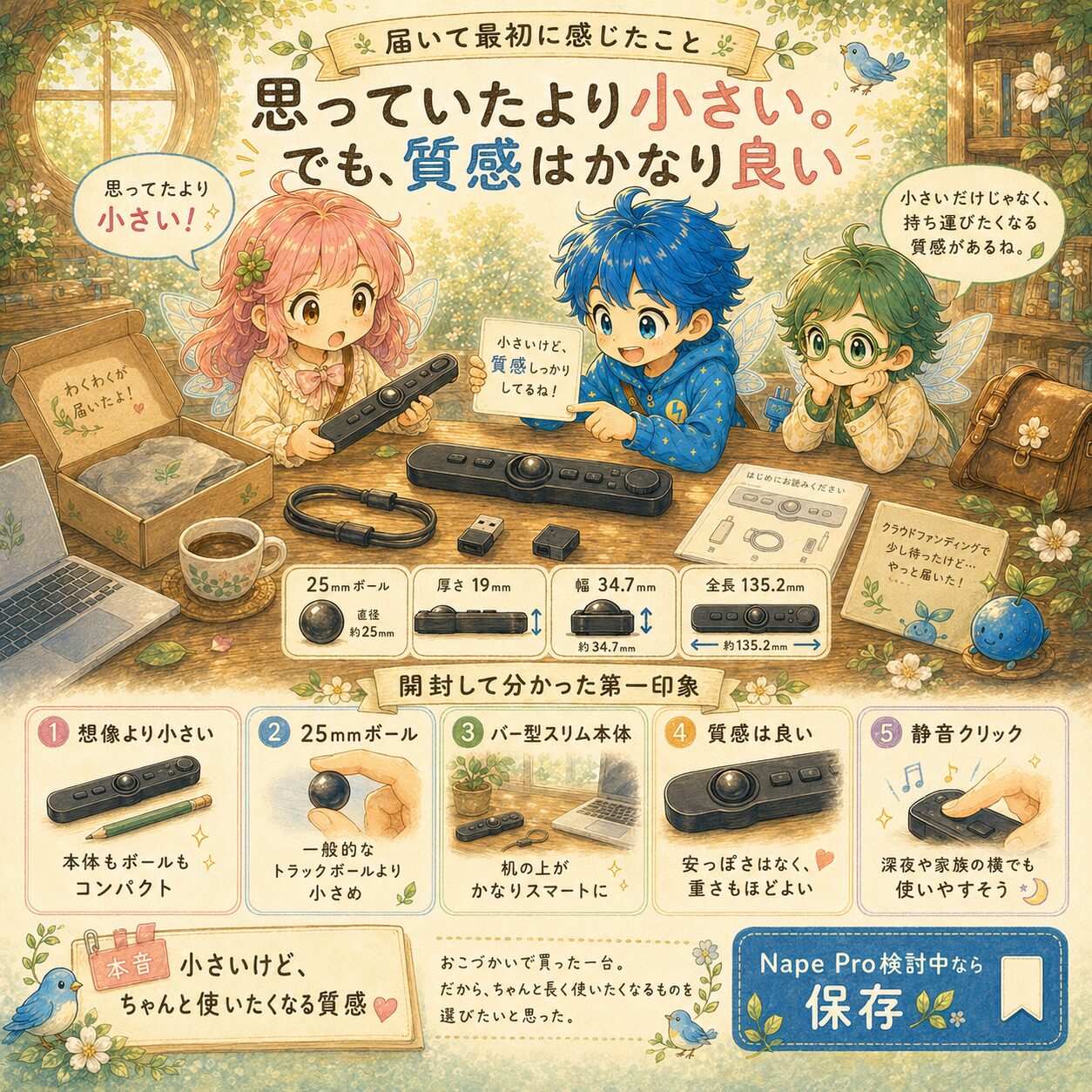 Nape Proが届いて最初に感じた印象をまとめた、エレアプ世界観の絵本風インフォグラフィック。アップデートハウスの木の机で、エレピットちゃん、エレピットくん、エレアプがNape Pro本体や付属品を見ながら、想像より小さいサイズ感、25mmトラックボール、バー型のスリムな本体、ほどよい質感、静音クリックの印象を確認している。小さいけれど安っぽさがなく、持ち運びたくなる質感があることを、水彩と色鉛筆のやさしいタッチで表現している。