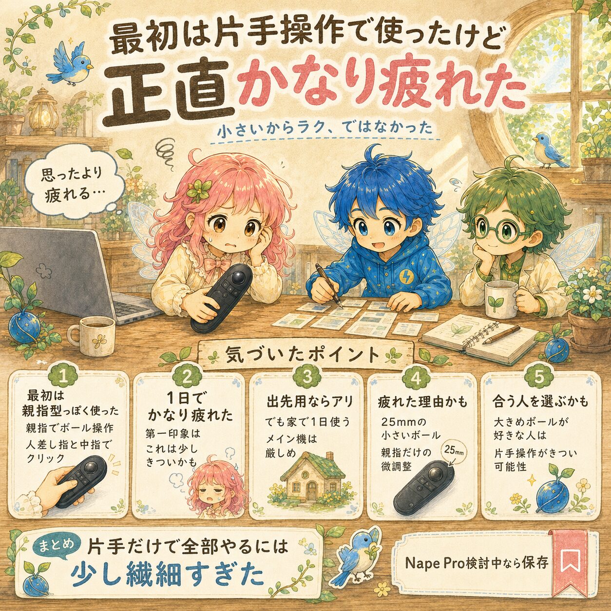 Nape Proを最初に片手操作で使ってみた感想をまとめた、エレアプ世界観の絵本風インフォグラフィック。アップデートハウスの木の机で、エレピットちゃんがNape Proを片手で持ちながら「思ったより疲れる…」と感じ、エレピットくんとエレアプが操作方法を一緒に確認している。親指でトラックボールを動かし、人差し指や中指でクリックする使い方、1日使うと疲れやすいこと、25mmの小さめボールは微調整が必要なこと、片手だけで全操作するには少し繊細すぎることを、水彩と色鉛筆のやさしいタッチで整理している。