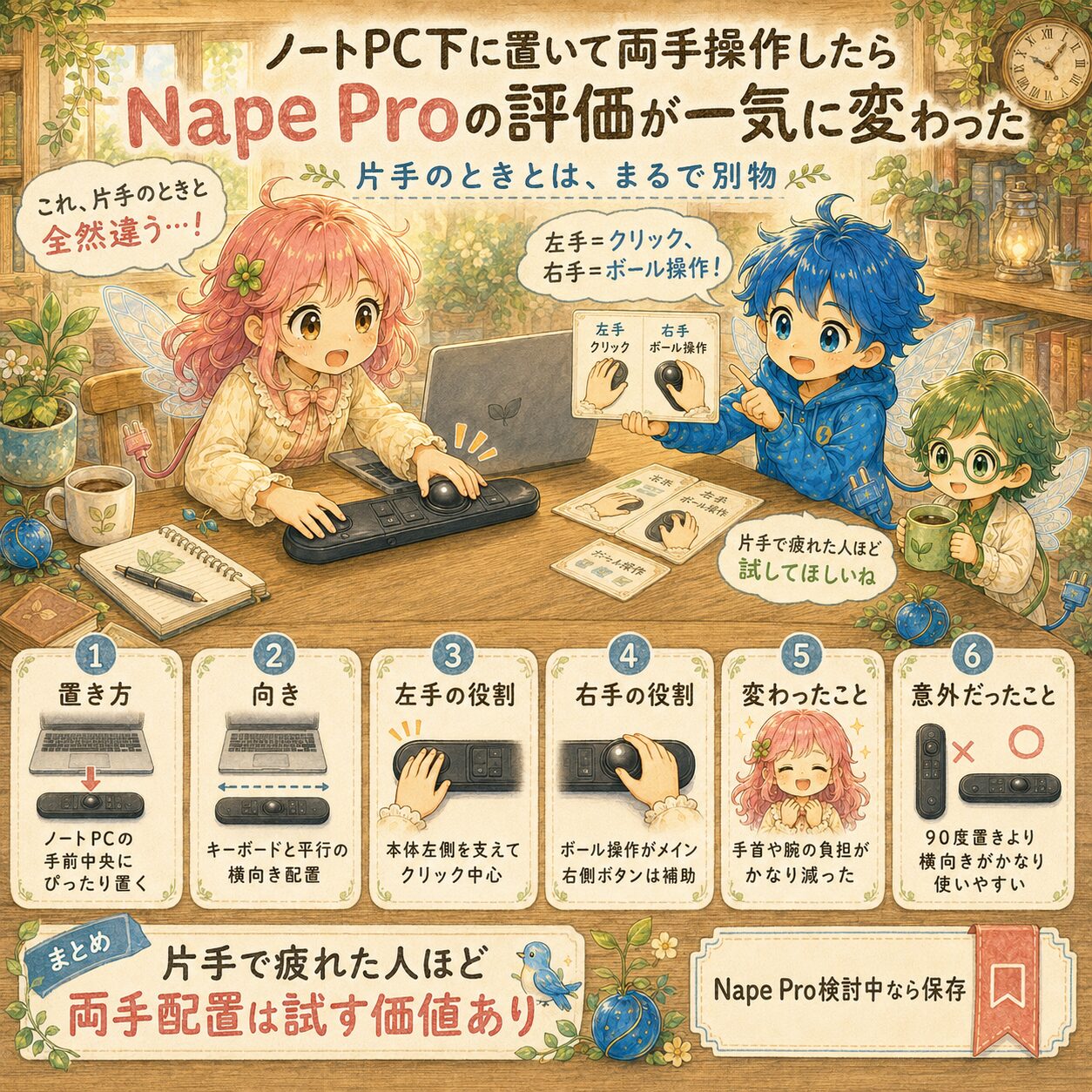 Nape ProをノートPC下に置いて両手操作した感想をまとめた、エレアプ世界観の絵本風インフォグラフィック。アップデートハウスの木の机で、エレピットちゃんがNape ProをノートPCの手前に置いて操作し、エレピットくんとエレアプが左手クリック、右手トラックボール操作の使い方を確認している。片手操作では疲れやすかったNape Proも、ノートPC下に横向きで置いて両手で使うと評価が変わり、手首や腕の負担が減ったことを、水彩と色鉛筆のやさしいタッチで表現している。