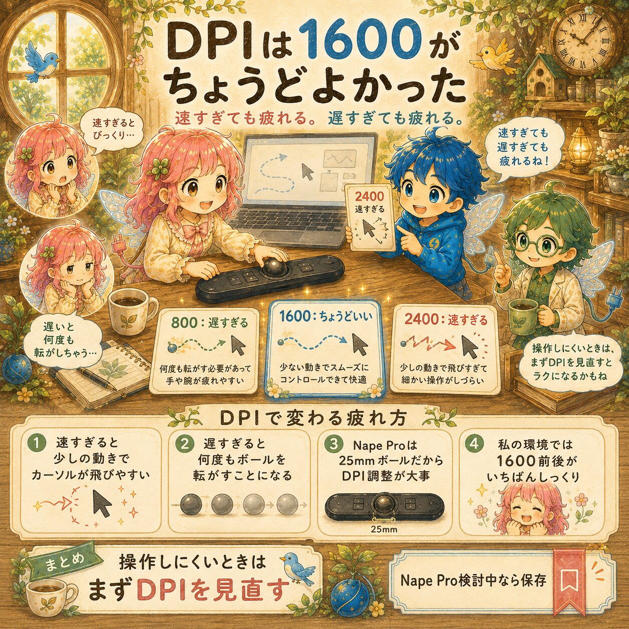 Nape ProのDPI設定は1600がちょうどよかったという使用感をまとめた、エレアプ世界観の絵本風インフォグラフィック。アップデートハウスの木の机で、エレピットちゃんがNape Proを操作しながら、800DPIは遅すぎて何度もボールを転がす必要があり、2400DPIは速すぎてカーソルが飛びやすく、1600DPI前後が少ない動きでスムーズに操作しやすいことを確認している。25mmの小さなトラックボールではDPI調整が大切で、操作しにくいときはまずDPIを見直すとよいことを、水彩と色鉛筆のやさしいタッチで表現している。