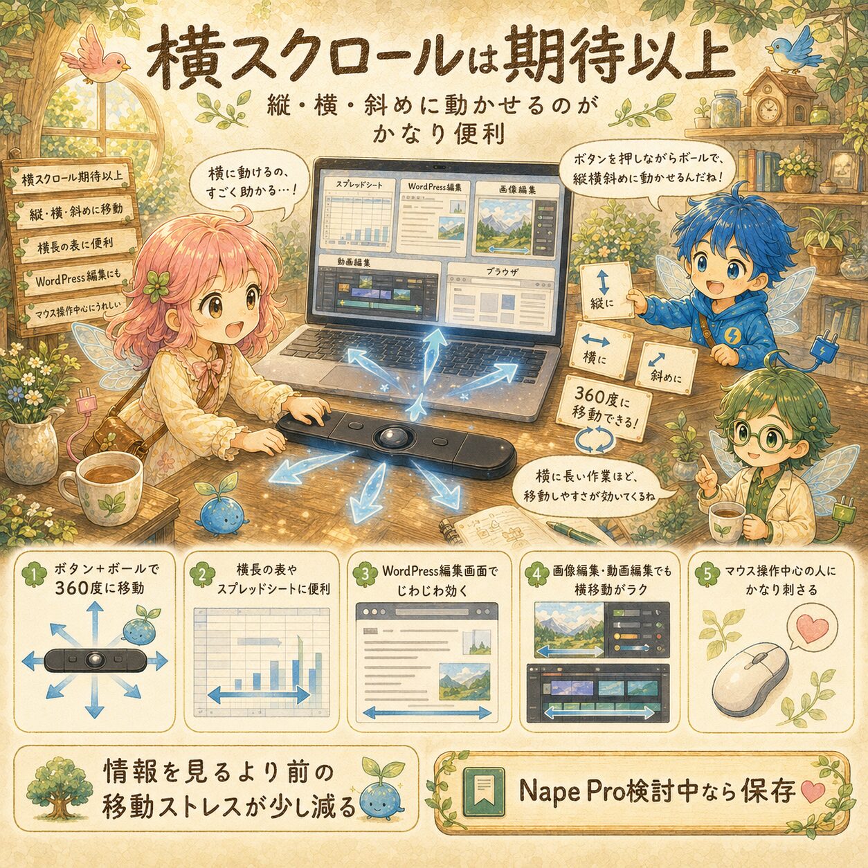 Nape Proの横スクロール操作が期待以上に便利だったことをまとめた、エレアプ世界観の絵本風インフォグラフィック。アップデートハウスの木の机で、エレピットちゃんがNape ProをノートPCの手前に置いて操作し、エレピットくんとエレアプが縦・横・斜め・360度に動かせる操作性を確認している。スプレッドシート、WordPress編集、画像編集、動画編集など、横に長い作業で移動ストレスが少し減ることを、水彩と色鉛筆のやさしいタッチで表現している。