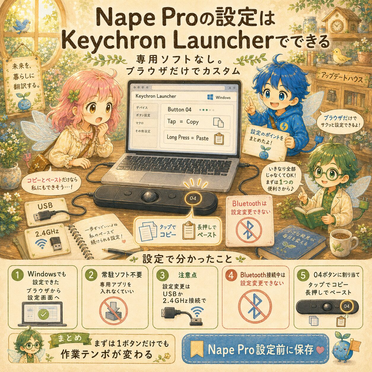 Nape Proの設定がKeychron Launcherでできることをまとめた、エレアプ世界観の絵本風インフォグラフィック。アップデートハウスの木の机で、エレピットちゃん、エレピットくん、エレアプがノートPCとNape Proを接続し、ブラウザ上のKeychron Launcher画面でボタン設定を確認している。Windowsでも専用ソフトなしで設定できること、USBまたは2.4GHz接続で設定変更すること、Bluetooth接続中は設定変更できないこと、04ボタンにコピーやペーストを割り当てた例を、水彩と色鉛筆のやさしいタッチで整理している。