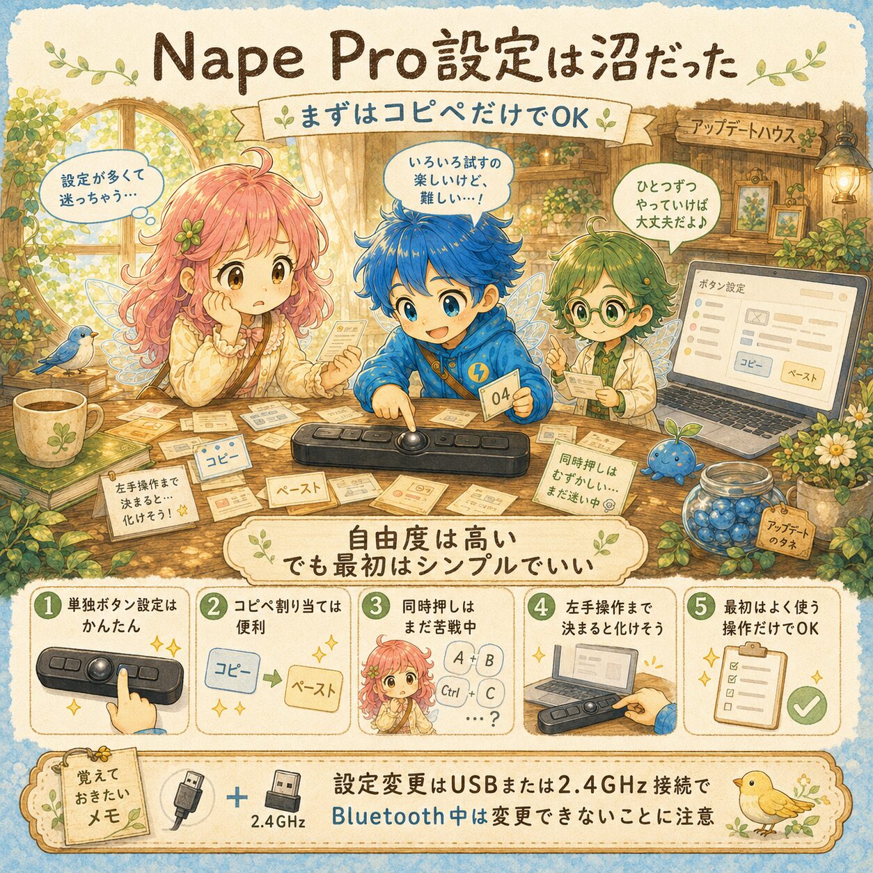 Nape Proの設定は自由度が高くて少し沼だったことをまとめた、エレアプ世界観の絵本風インフォグラフィック。アップデートハウスの木の机で、エレピットちゃん、エレピットくん、エレアプがNape Pro本体と設定画面を見ながら、単独ボタン設定、コピー・ペーストの割り当て、同時押し設定、左手操作の使い方を確認している。最初から複雑に設定しすぎず、まずはよく使う操作だけ割り当てるとよいこと、設定変更はUSBまたは2.4GHz接続で行い、Bluetooth中は変更できない点を、水彩と色鉛筆のやさしいタッチで整理している。