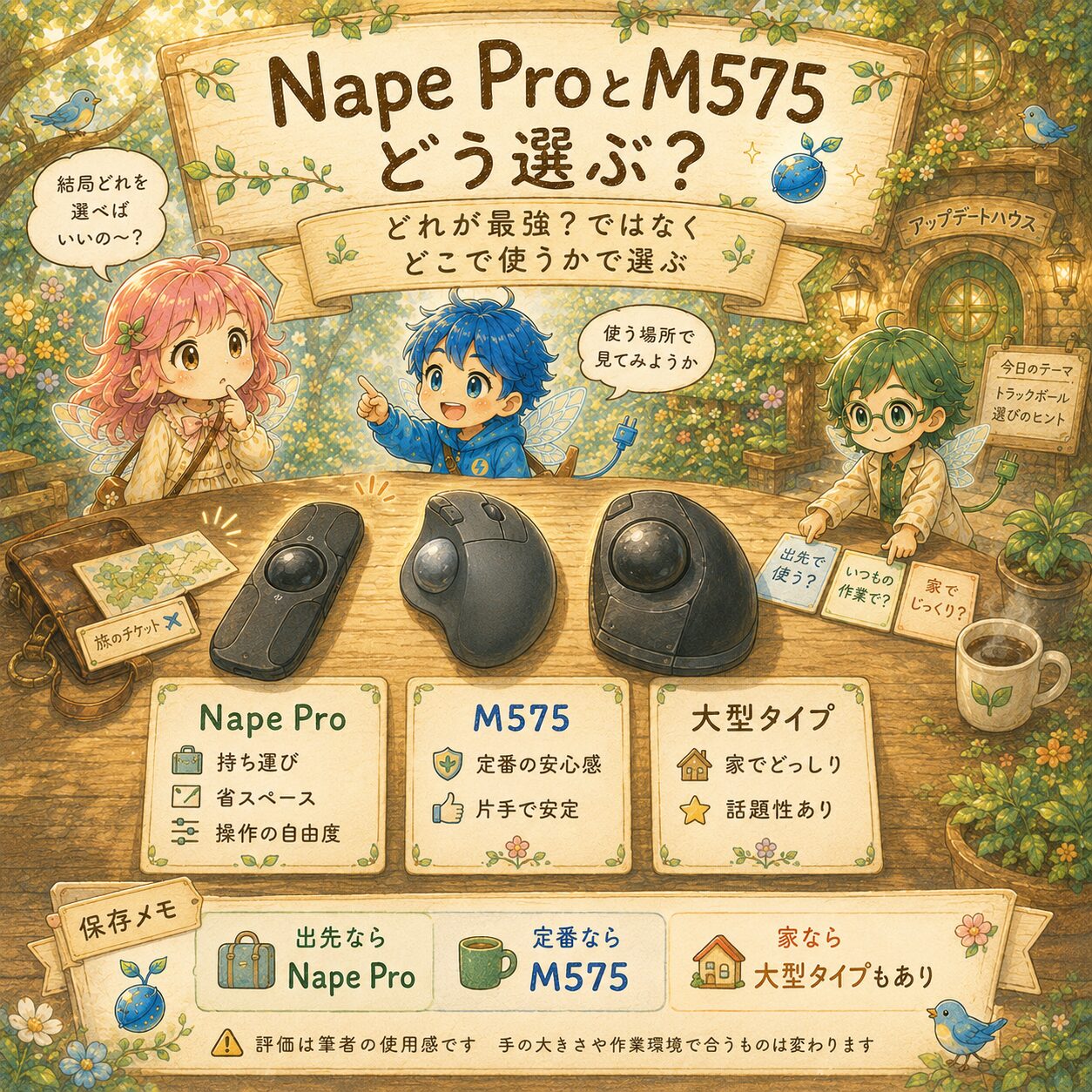 Nape ProとM575などのトラックボールマウスをどう選ぶかをまとめた、エレアプ世界観の絵本風インフォグラフィック。アップデートハウスの木の机に、細長いNape Pro、定番形状のM575、大型タイプのトラックボールが並び、エレピットちゃん、エレピットくん、エレアプが使う場所や作業環境に合わせた選び方を話している。持ち運びや省スペースならNape Pro、定番の安心感ならM575、家でどっしり使うなら大型タイプも候補になることを、水彩と色鉛筆のやさしいタッチで整理している。