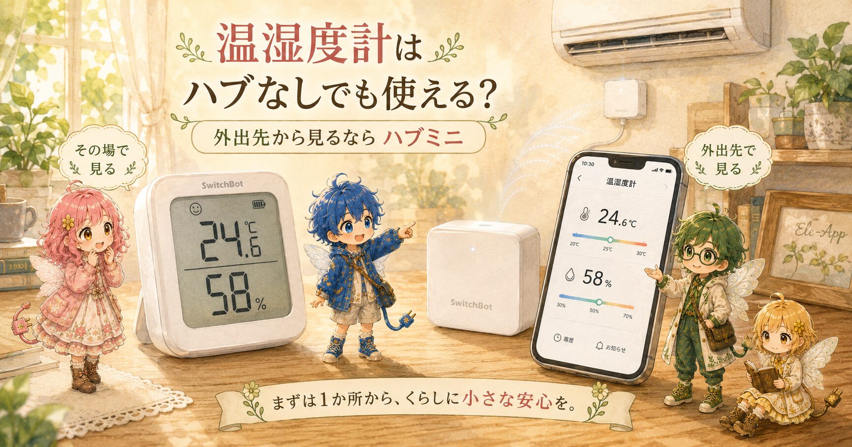 温湿度計はハブなしでも使えるかを説明する、エレアプ世界観の横長アイキャッチ画像。木漏れ日の入る部屋で、SwitchBot温湿度計、ハブミニ、スマートフォンが並び、エレピットちゃん、エレピットくん、エレアプ、エレイが「その場で見る」と「外出先から見る」の違いを案内している。温湿度計は本体だけでも確認でき、外出先から見たい場合はハブミニが必要という内容を、絵本風の水彩と色鉛筆で表現している。