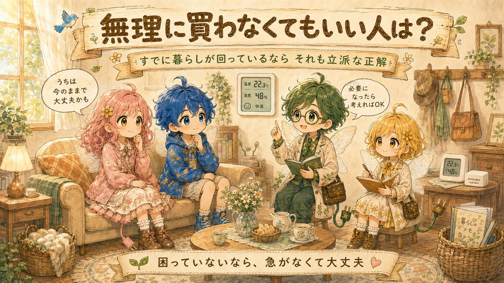 SwitchBotハブミニを無理に買わなくてもよい人を説明した、エレアプ世界観の横長インフォグラフィック。温湿度計だけで室温22.3℃・湿度48％を確認できる部屋で、エレピットちゃん、エレピットくん、エレアプ、エレイが今の暮らしにハブミニが必要かを相談している。外出先からの確認や家電連携に困っておらず、すでに生活が問題なく回っているなら、急いで買い足さず必要になったときに検討すればよいことを、絵本風の水彩と色鉛筆で表現している。