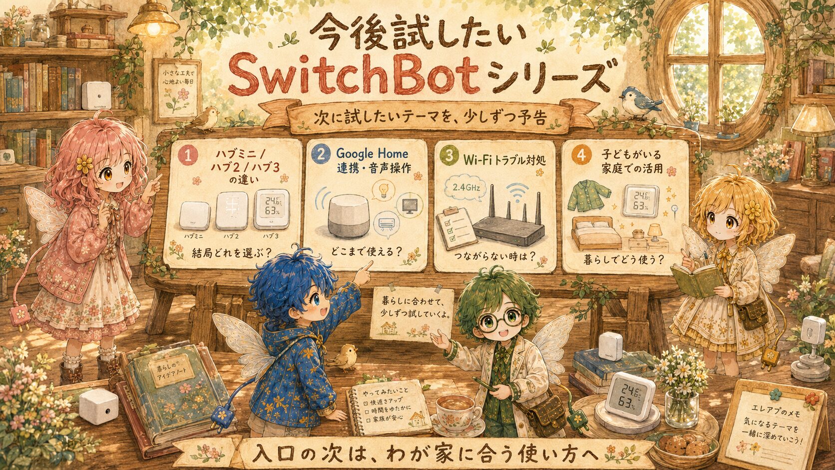 今後試したいSwitchBotシリーズのテーマを紹介する、エレアプ世界観の横長インフォグラフィック。アップデートハウスで、エレピットちゃん、エレピットくん、エレアプ、エレイが、ハブミニ・ハブ2・ハブ3の違い、Google Home連携と音声操作、Wi-Fiトラブルへの対処、子どもがいる家庭での活用方法を案内している。暮らしに合う使い方を一つずつ試しながら、今後のSwitchBot記事へつなげていく内容を、絵本風の水彩と色鉛筆で表現している。
